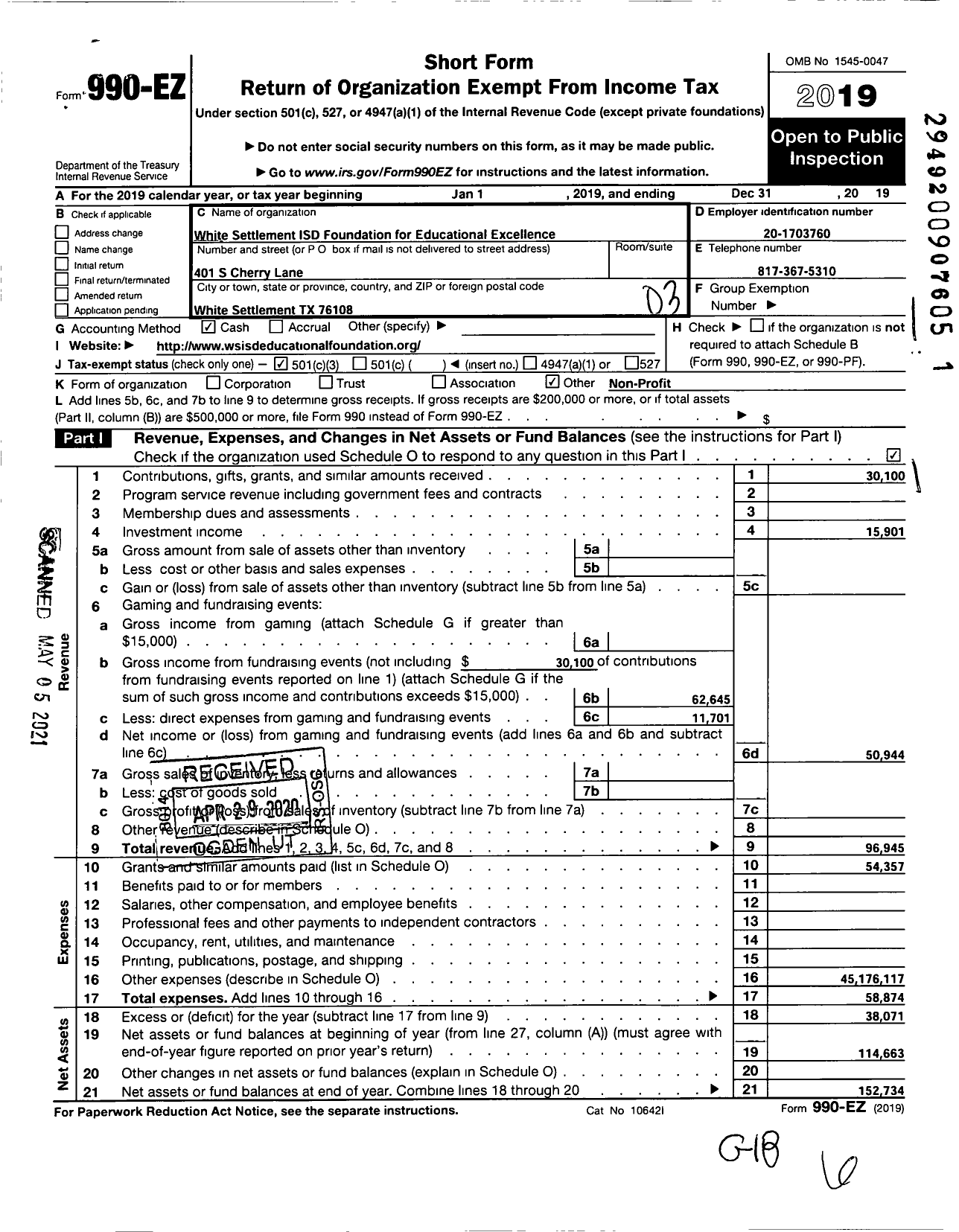 Image of first page of 2019 Form 990EZ for White Settlement Isd Foundation for Educational Excellence