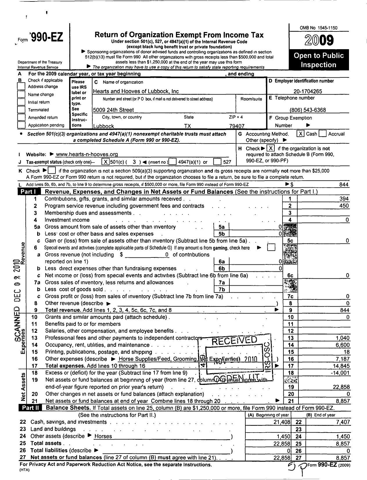 Image of first page of 2009 Form 990EZ for Hearts and Hooves of Lubbock