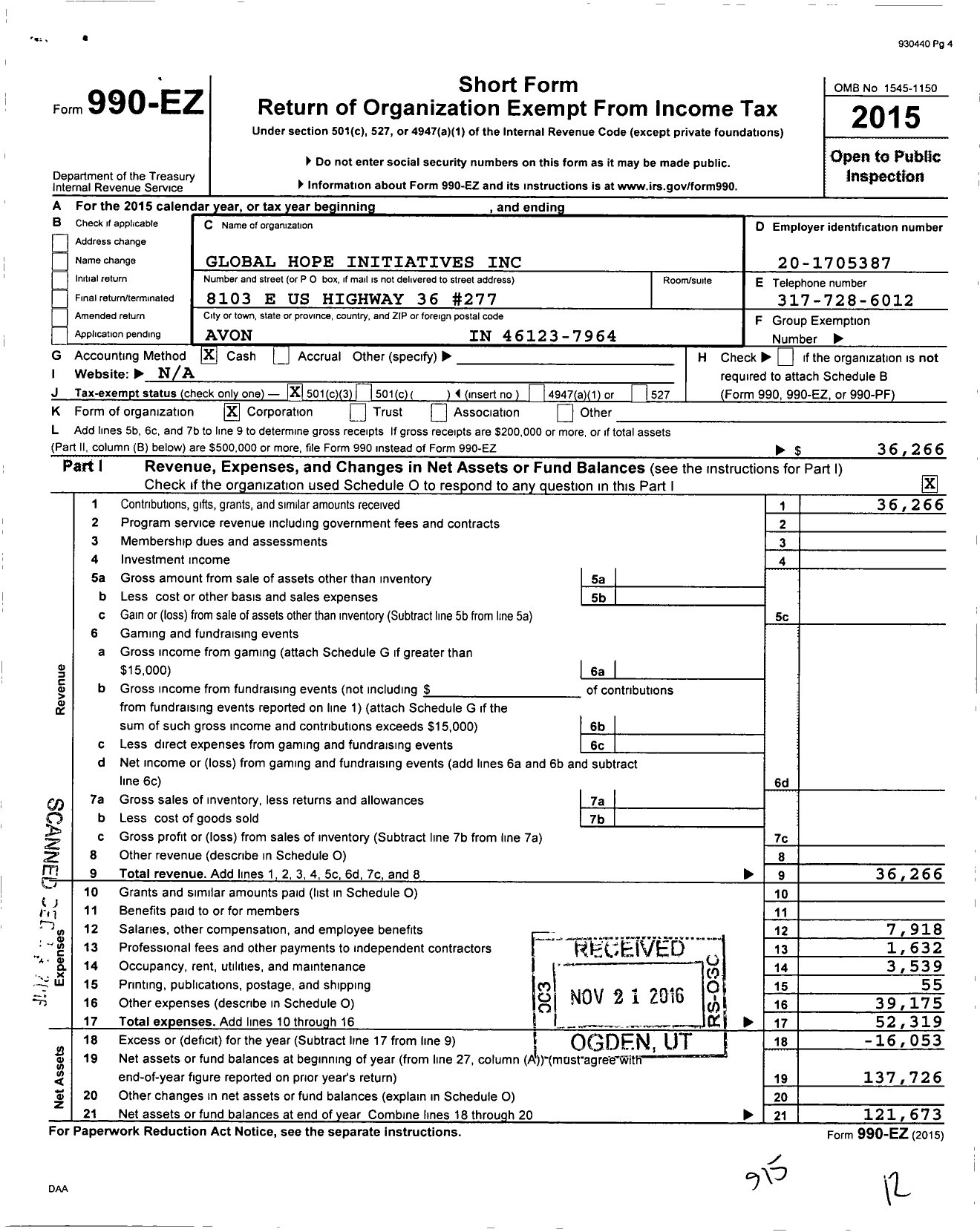Image of first page of 2015 Form 990EZ for Global Hope Initiatives