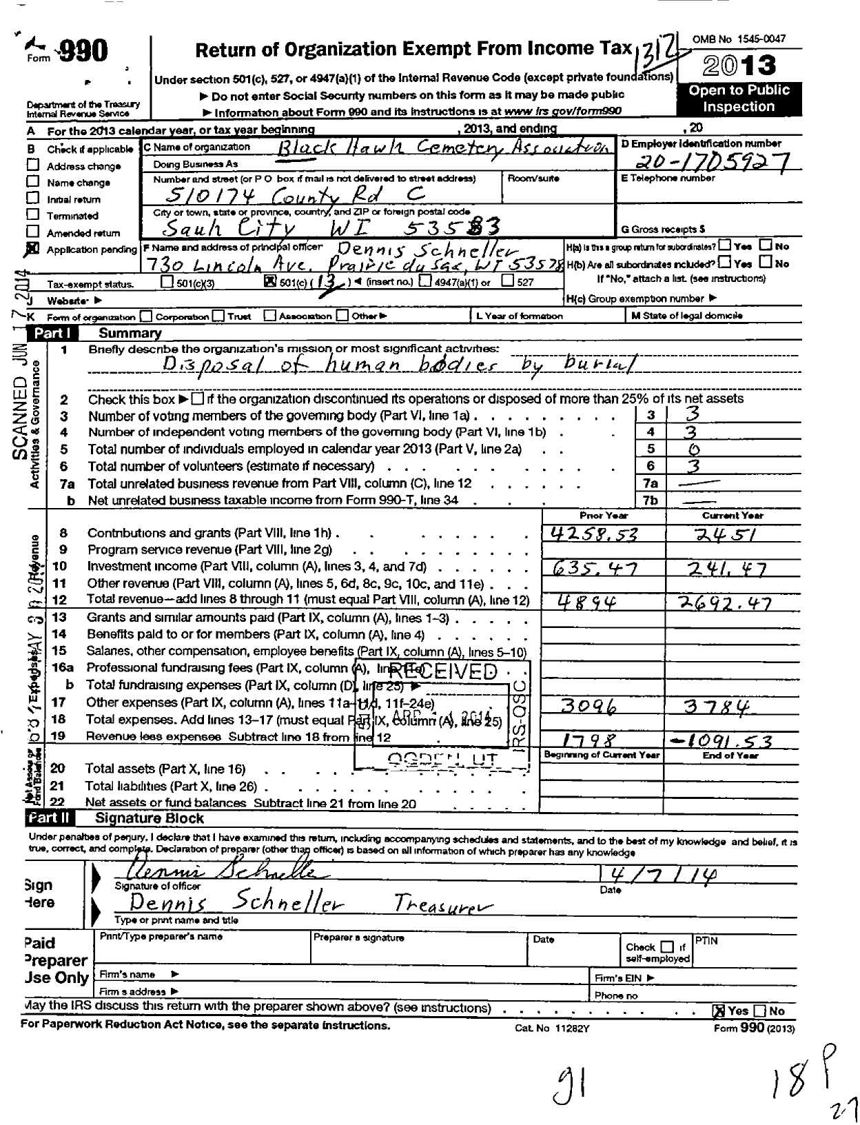 Image of first page of 2013 Form 990O for Black Hawk Cemetery Association