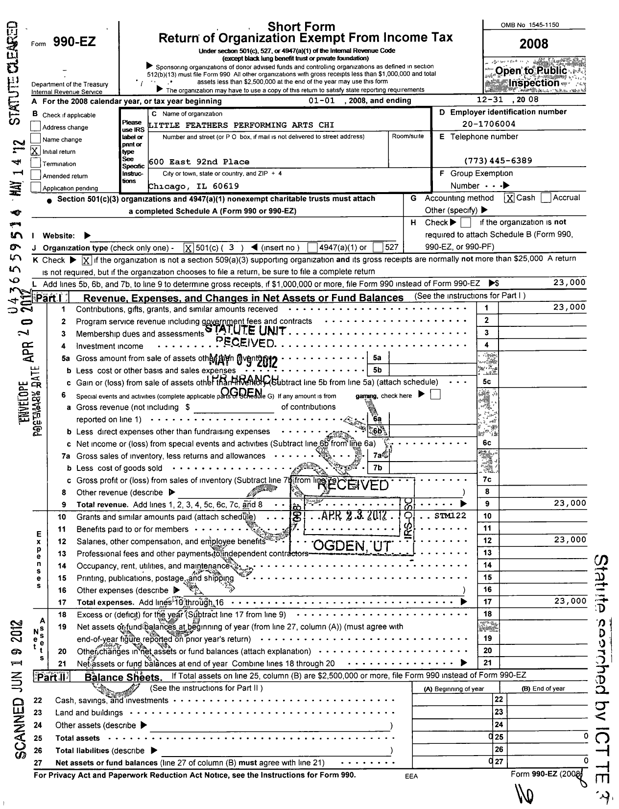 Image of first page of 2008 Form 990EZ for Little Feathers Performing Arts Chi