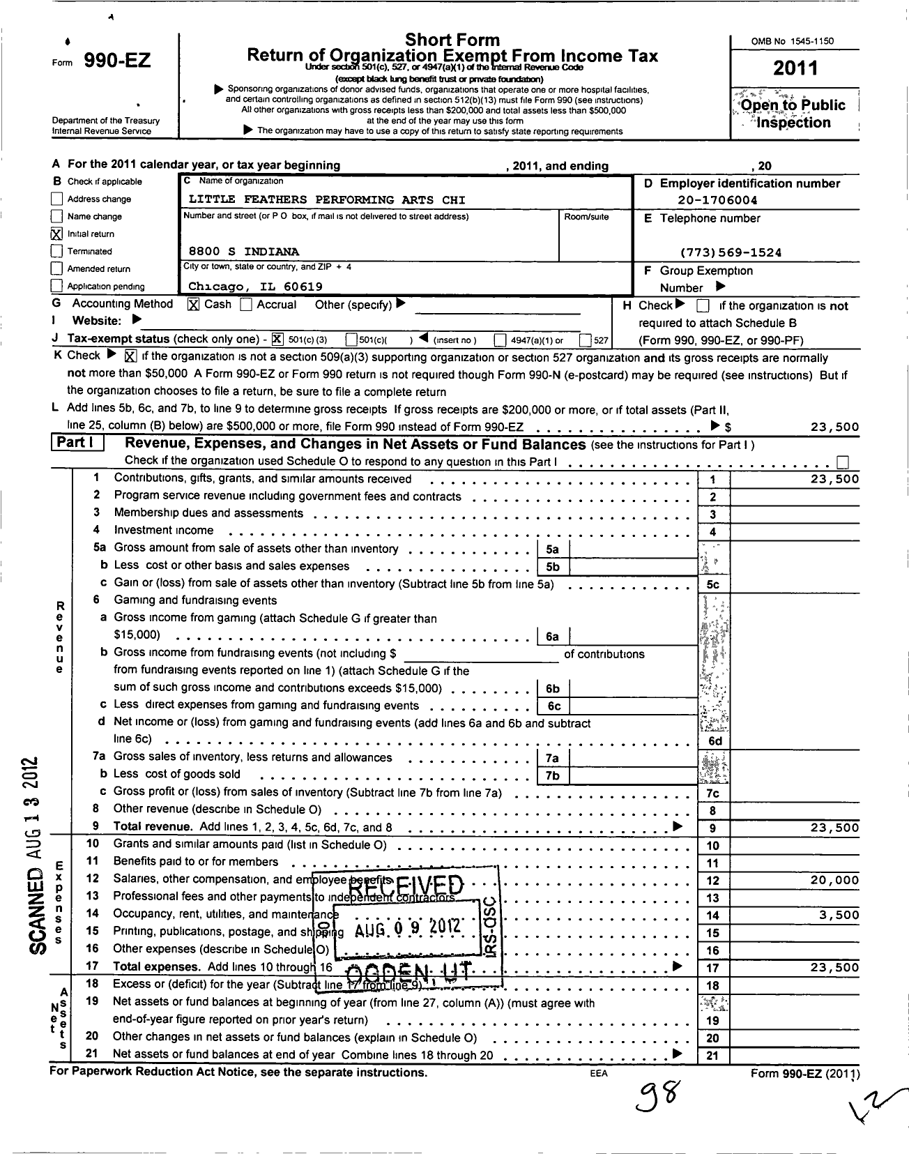 Image of first page of 2011 Form 990EZ for Little Feathers Performing Arts Chi