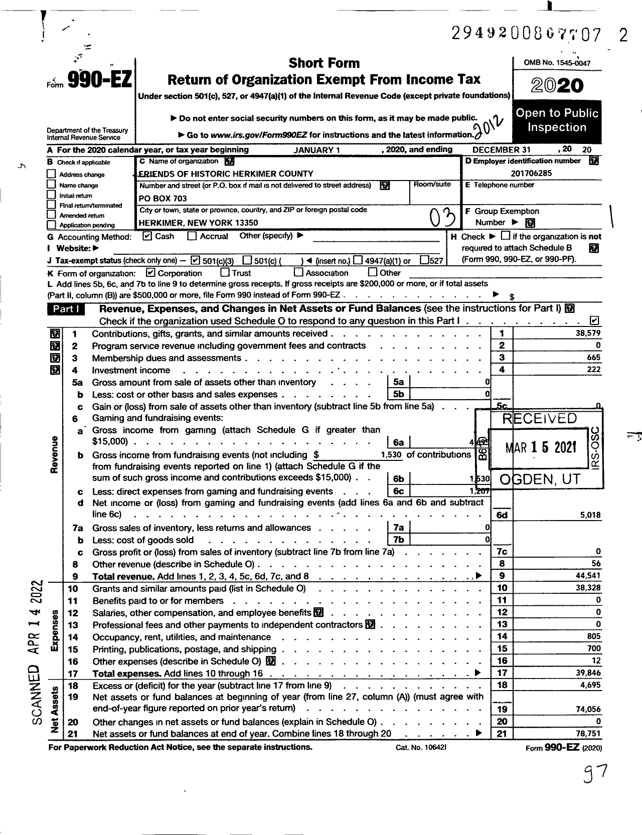 Image of first page of 2020 Form 990EZ for Historic Herkimer County Friends of