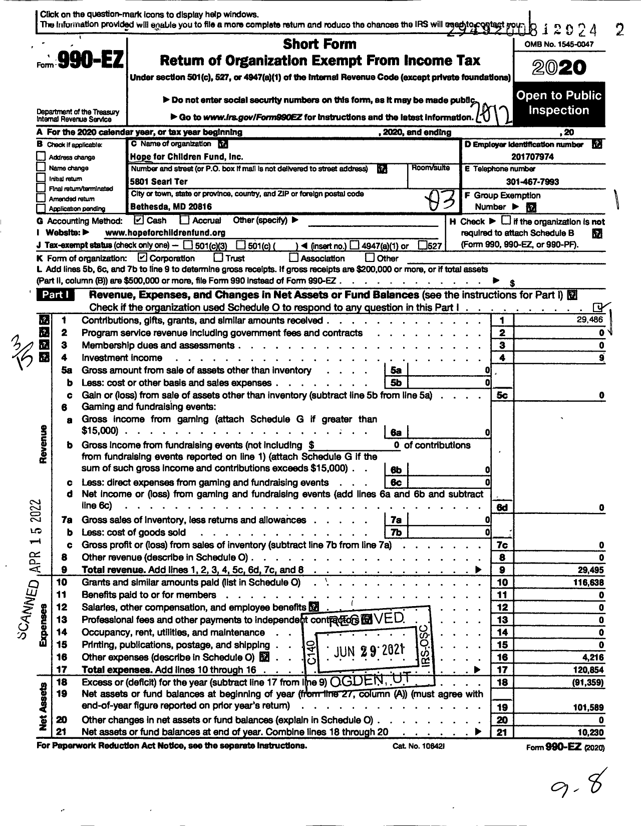 Image of first page of 2020 Form 990EZ for Hope for Children Fund