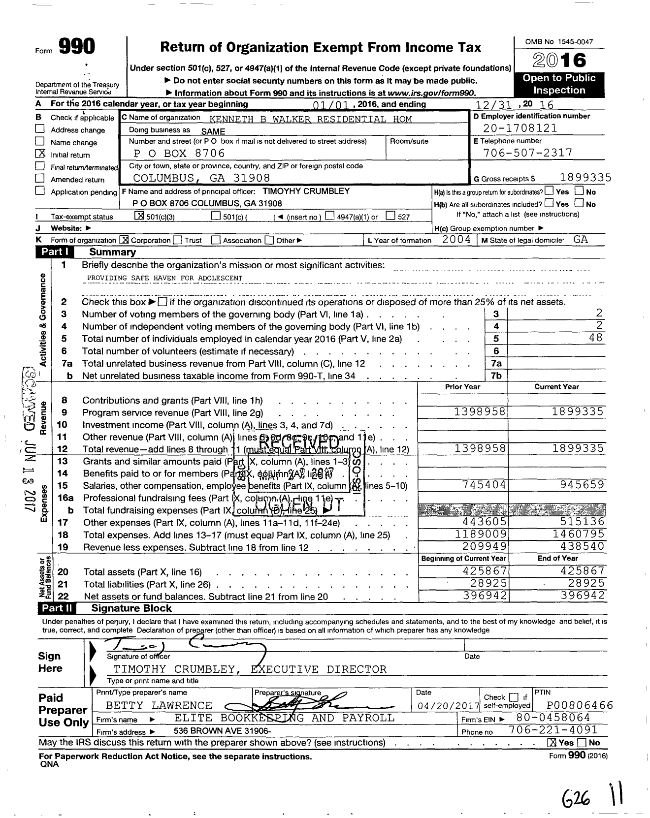 Image of first page of 2016 Form 990 for Kenneth B Walker Residential Home