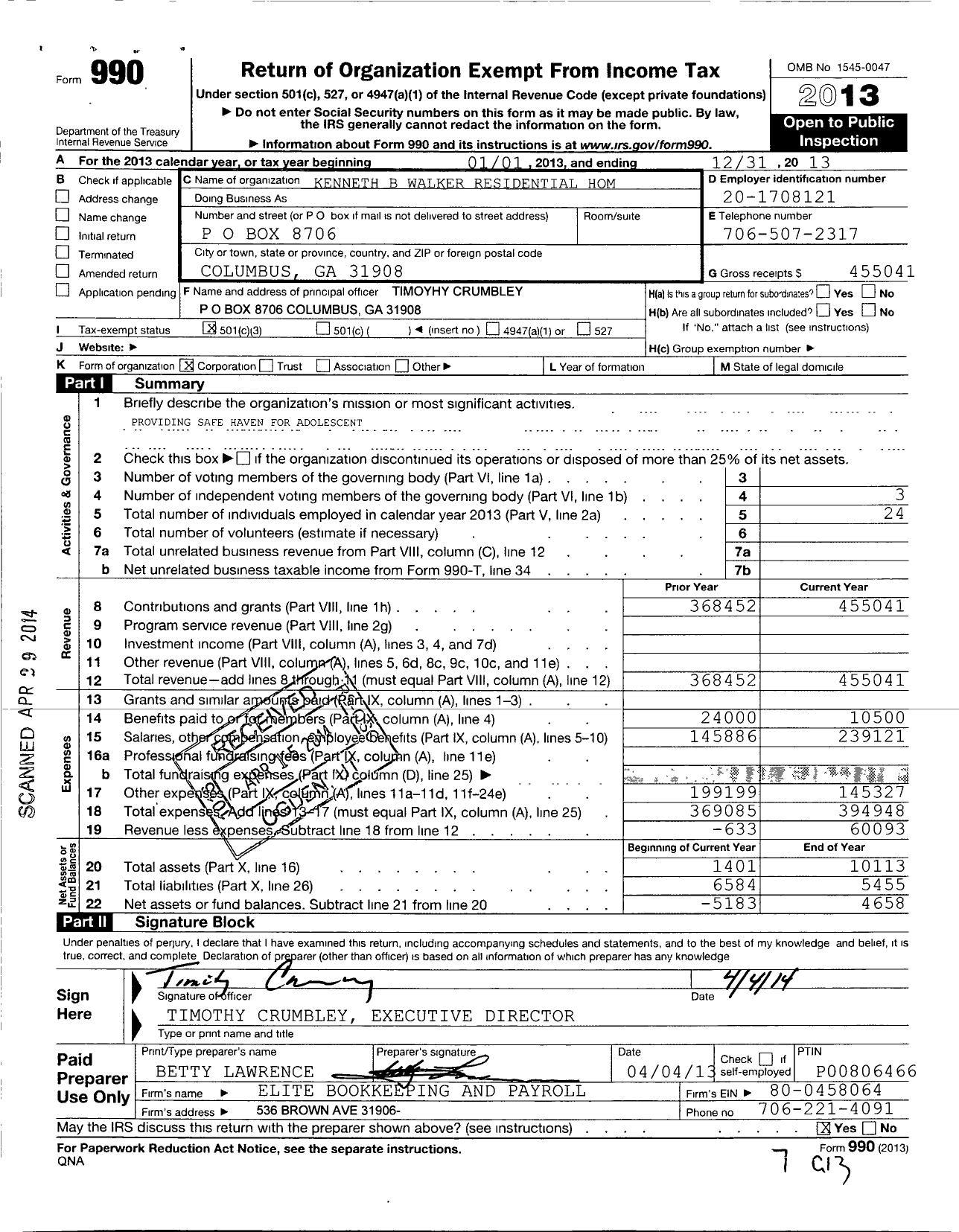 Image of first page of 2013 Form 990 for Kenneth B Walker Residential Home