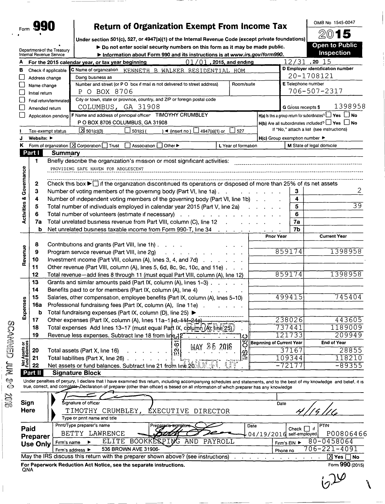 Image of first page of 2015 Form 990 for Kenneth B Walker Residential Home