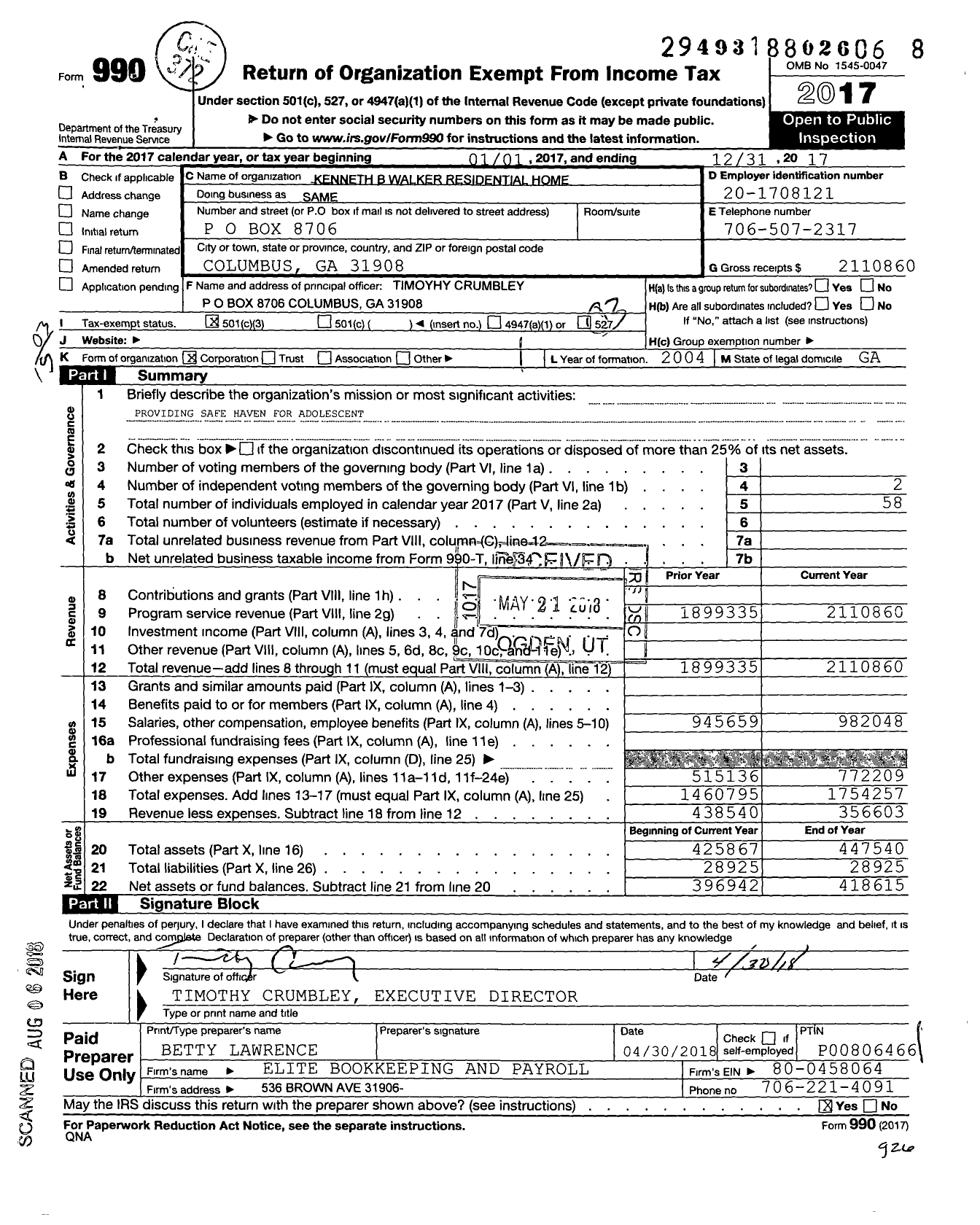 Image of first page of 2017 Form 990 for Kenneth B Walker Residential Home