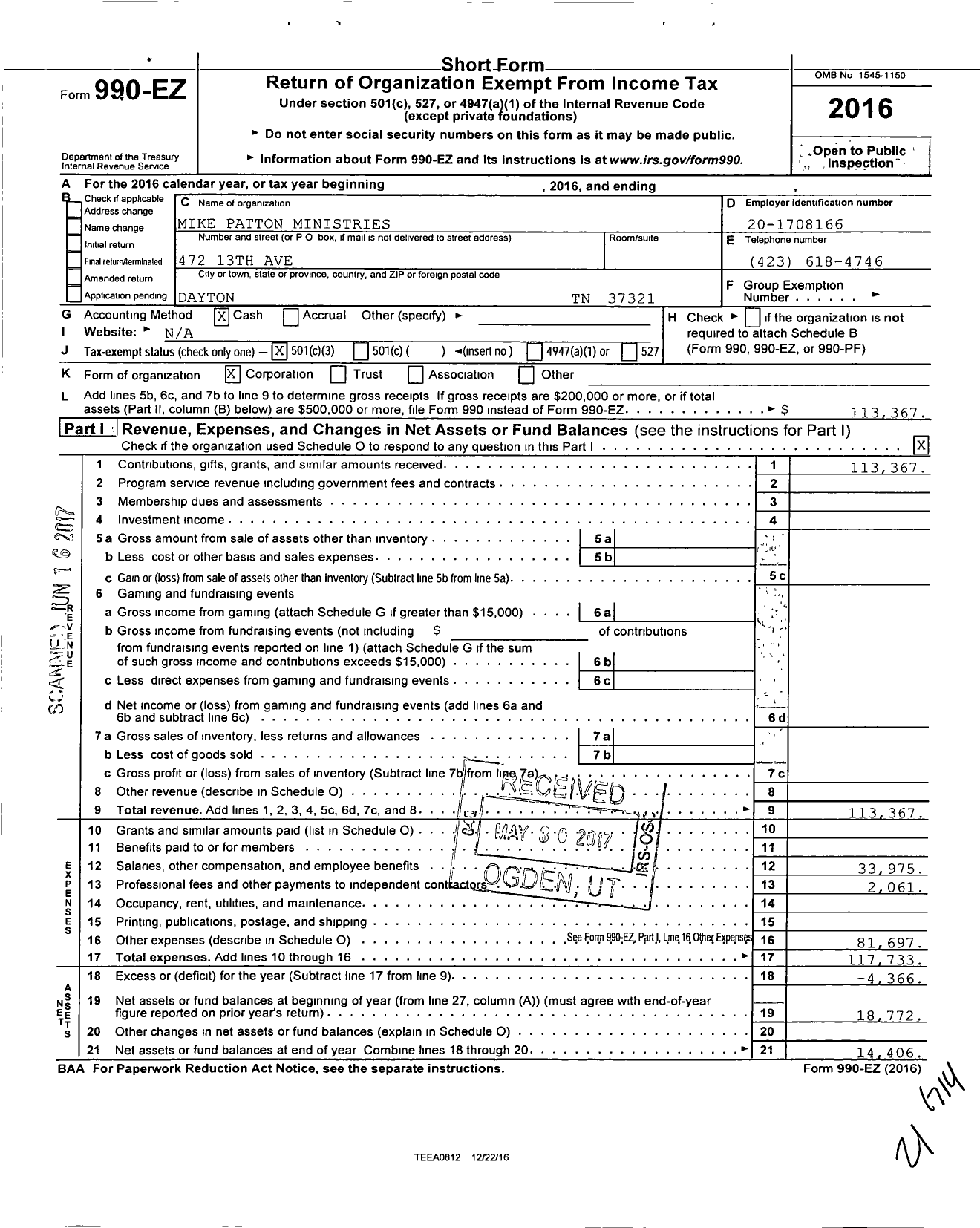 Image of first page of 2016 Form 990EZ for Mike Patton Ministries