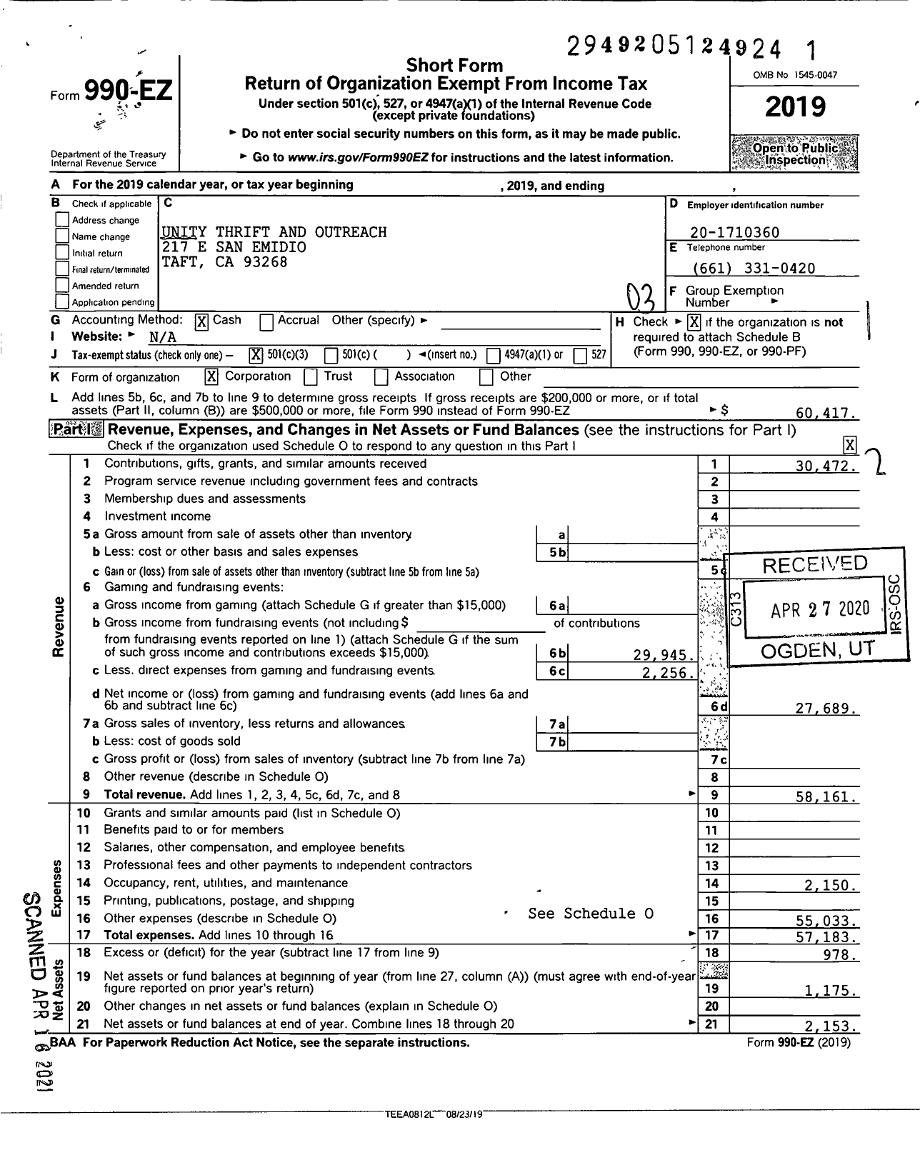 Image of first page of 2019 Form 990EZ for Unity Thrift and Outreach