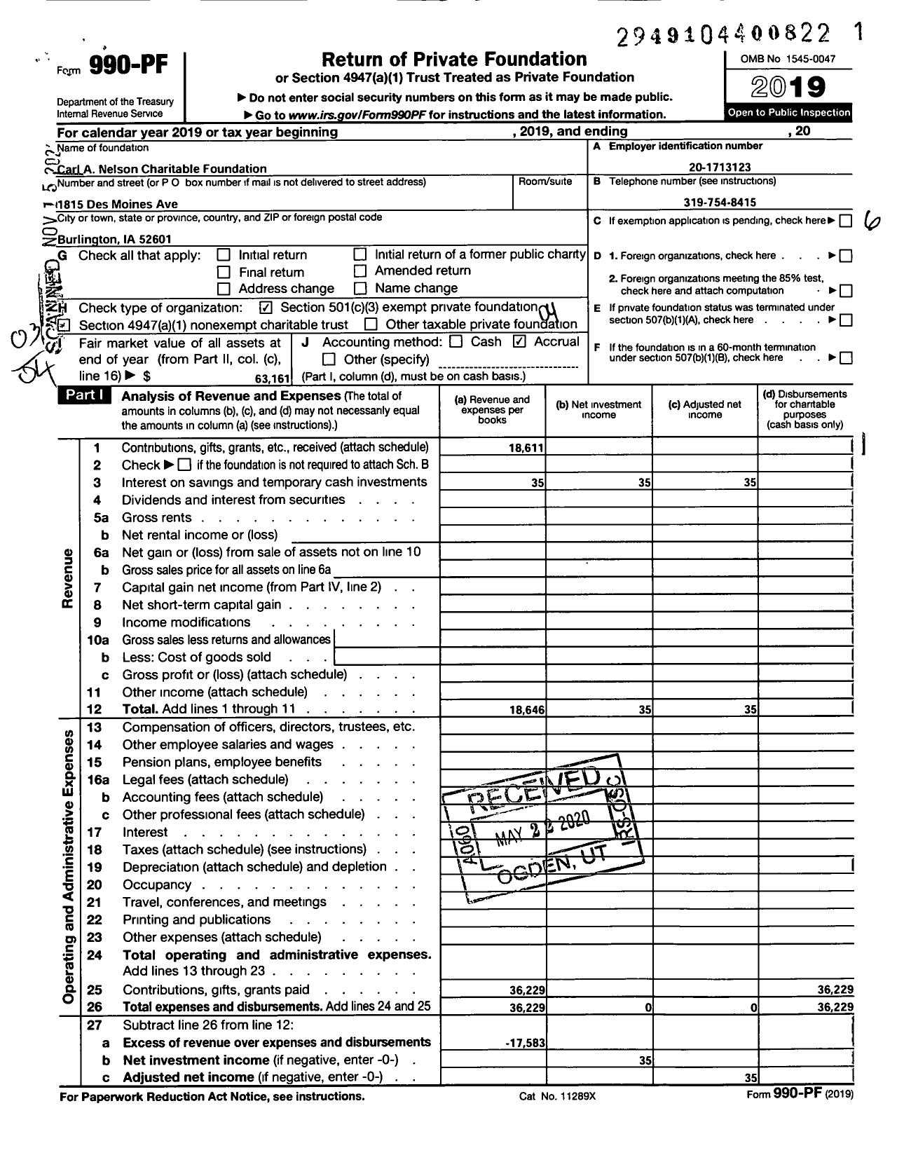 Image of first page of 2019 Form 990PF for Carl A Nelson Charitable Foundation