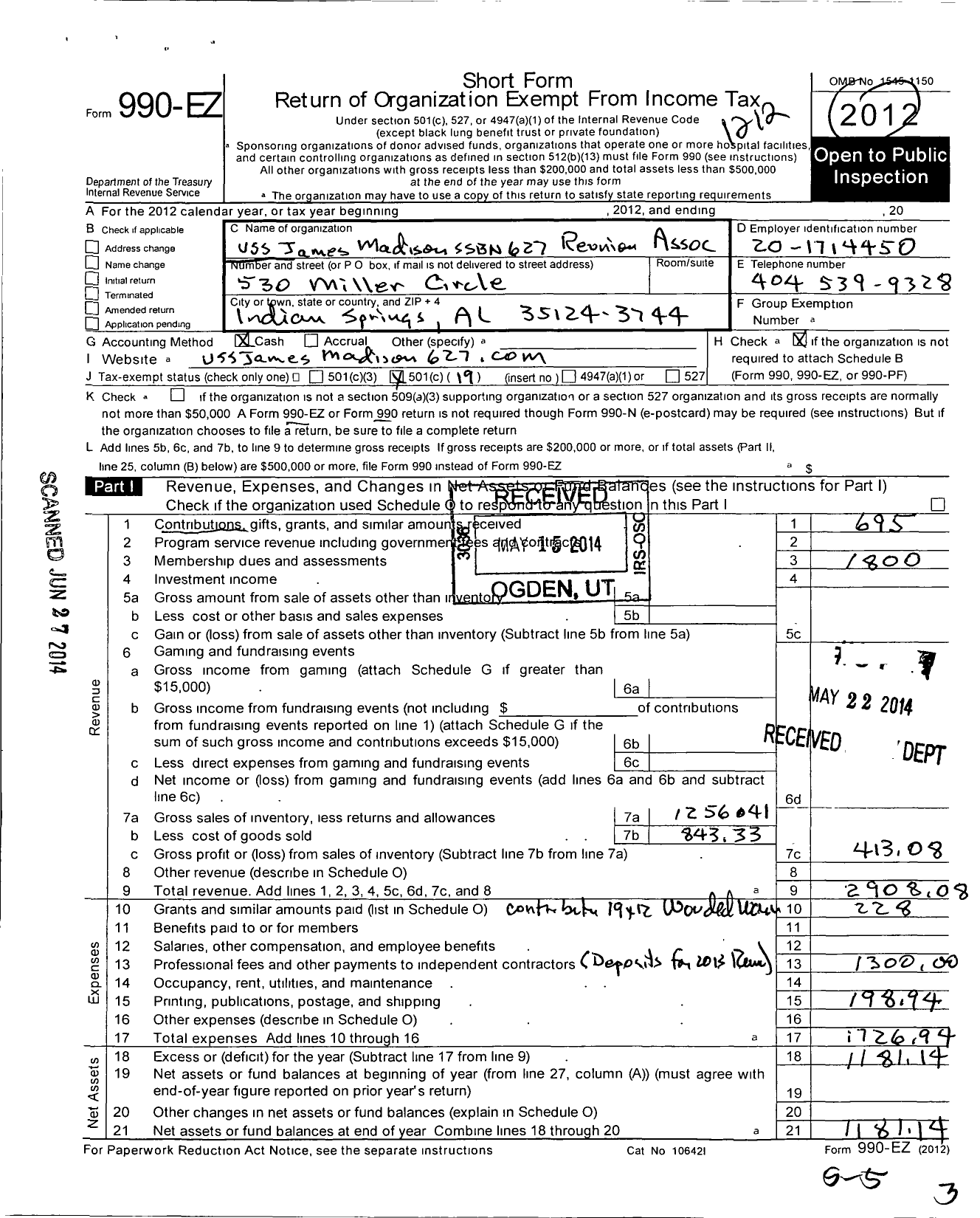 Image of first page of 2012 Form 990EO for Uss James Madison SSBN 627 Association