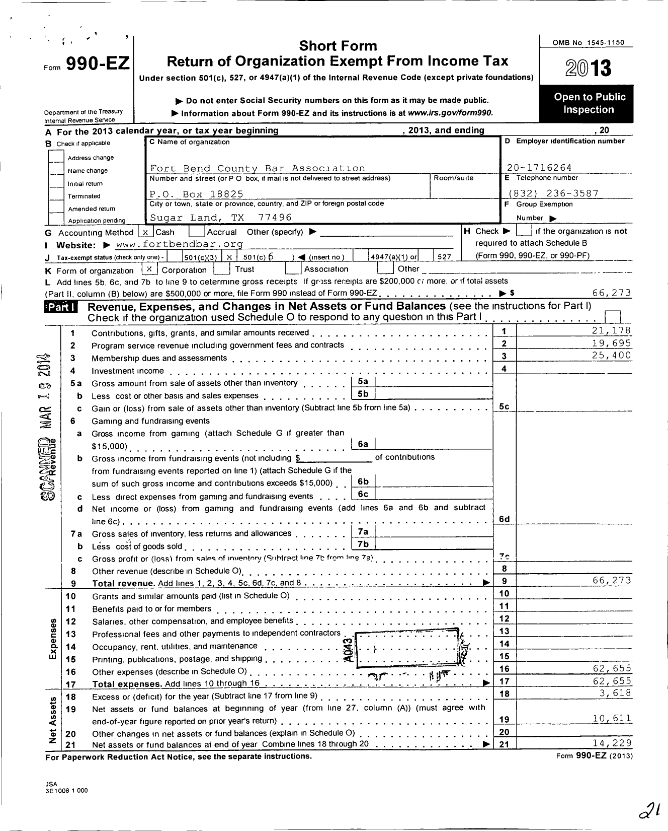 Image of first page of 2013 Form 990EO for Fort Bend County Bar Association