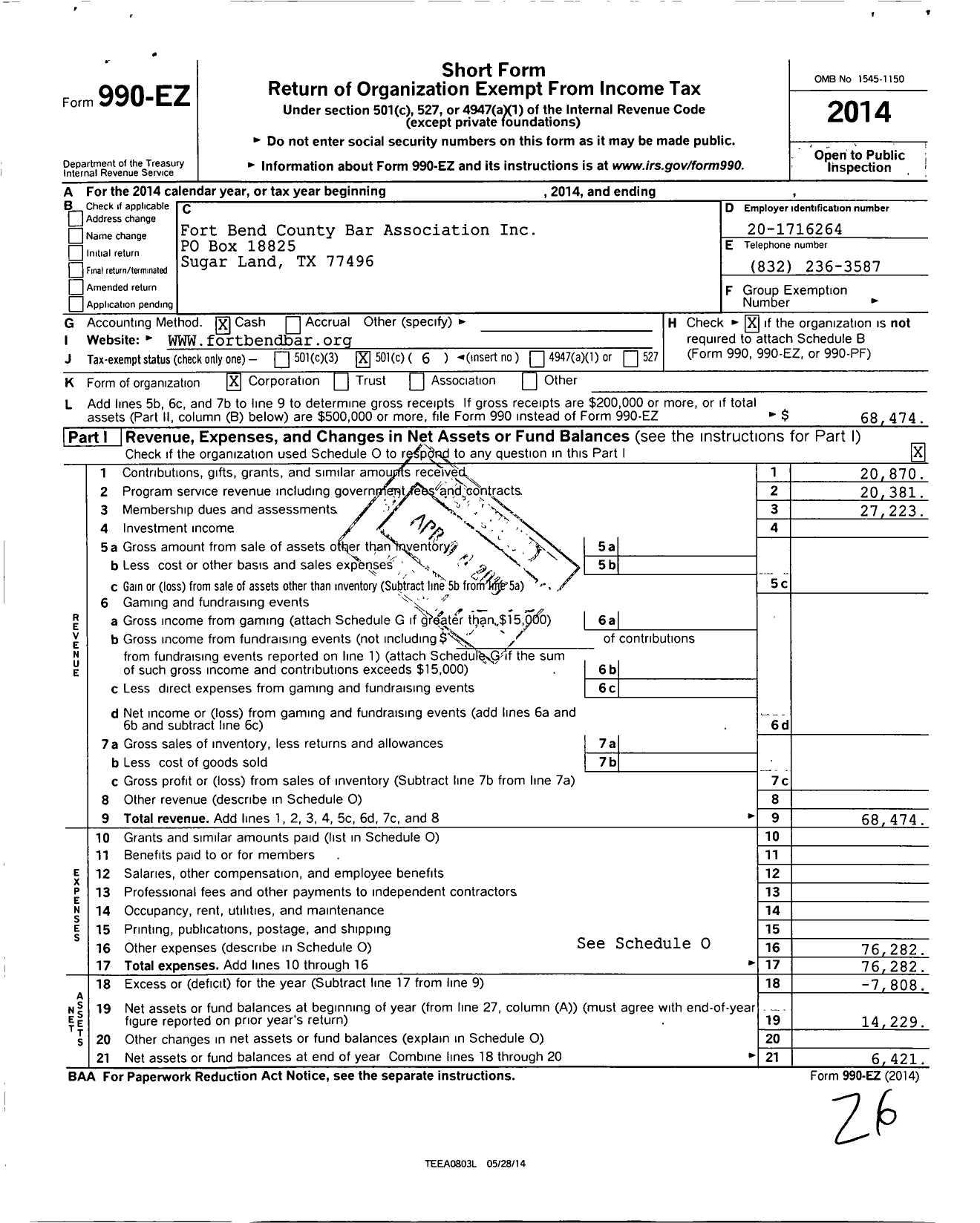 Image of first page of 2014 Form 990EO for Fort Bend County Bar Association