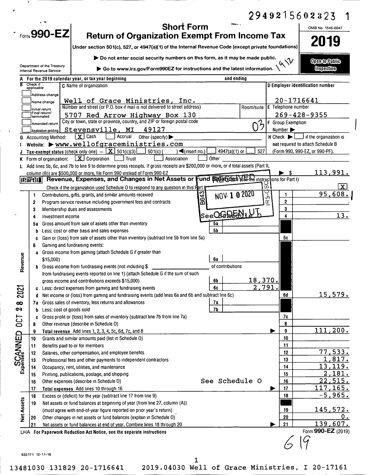 Image of first page of 2019 Form 990EZ for Well of Grace Ministries
