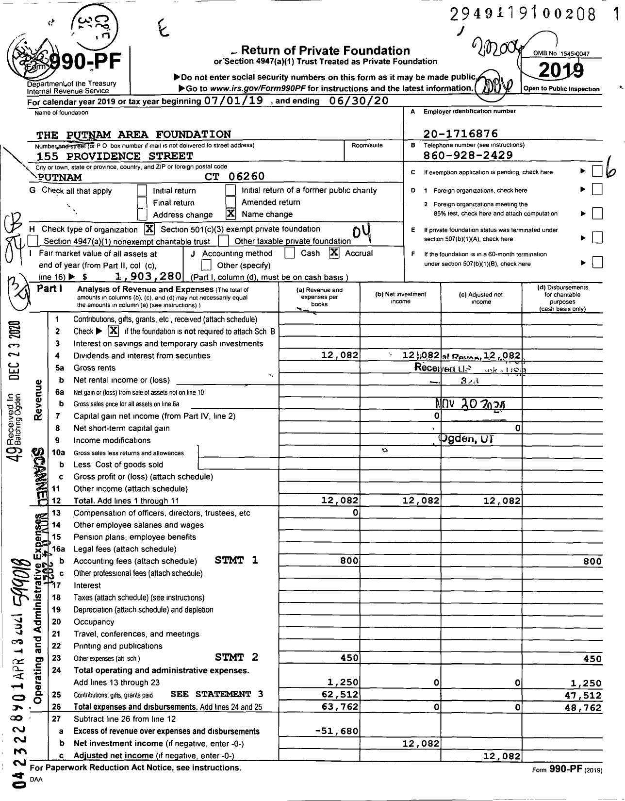 Image of first page of 2019 Form 990PF for The Putnam Area Foundation