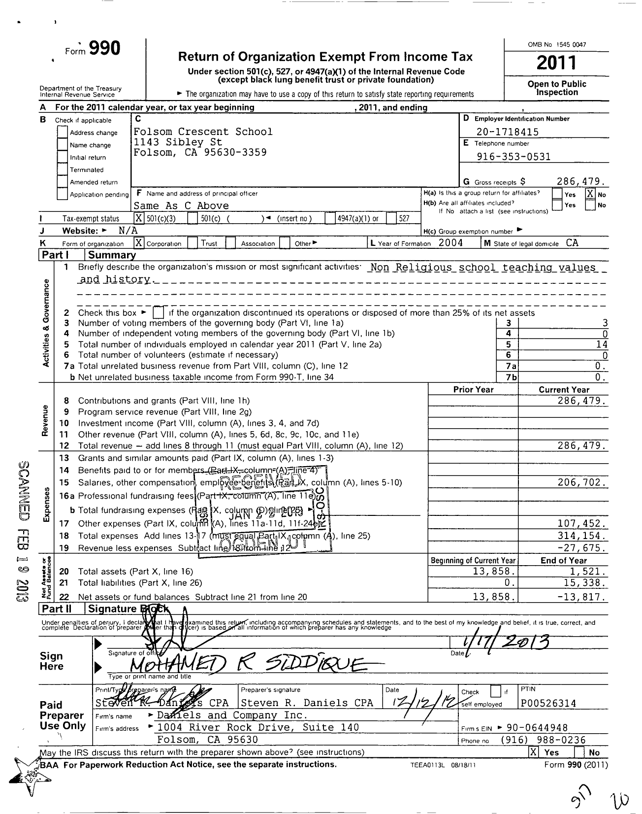 Image of first page of 2011 Form 990 for Folsom Crescent School