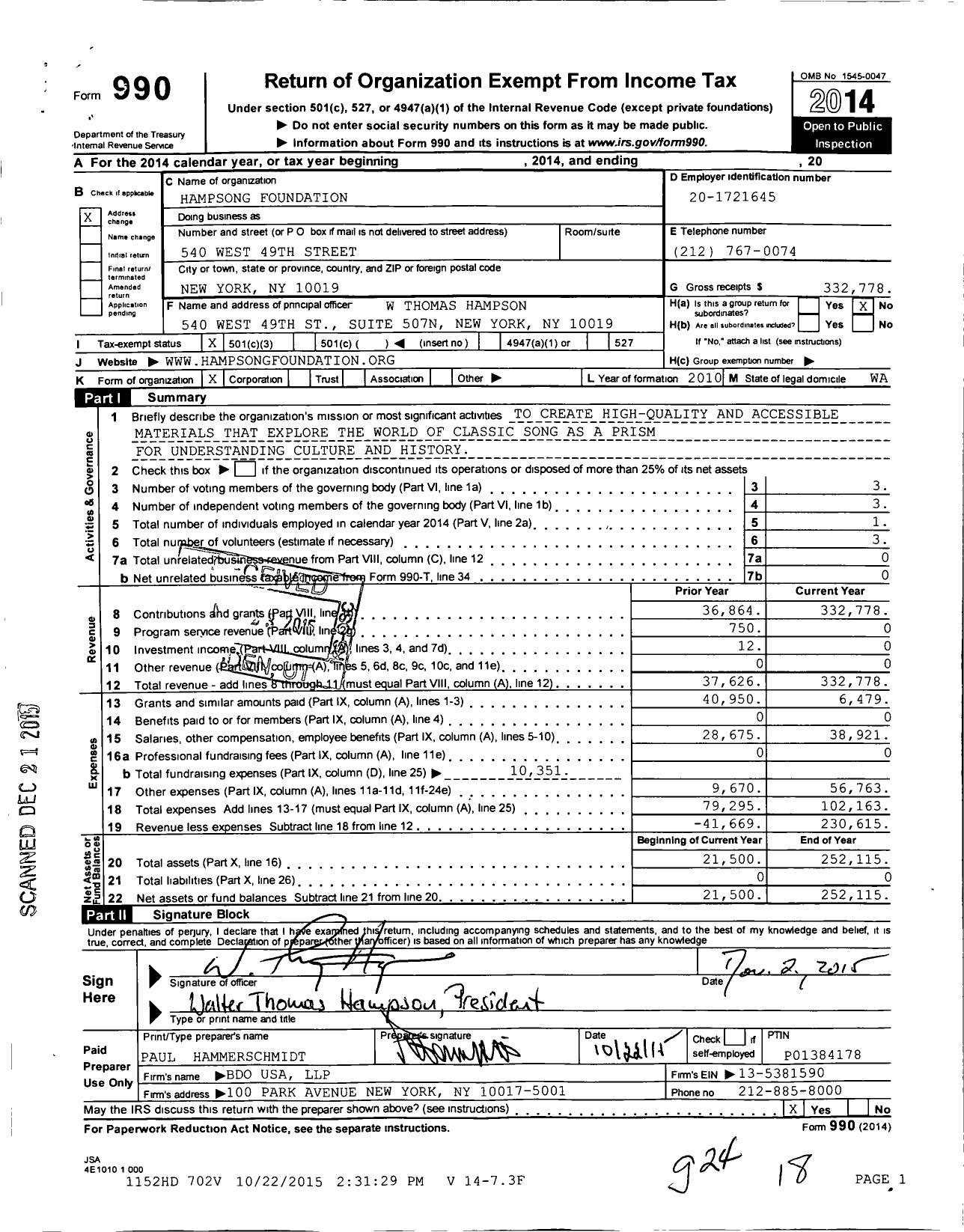 Image of first page of 2014 Form 990 for Hampsong Foundation