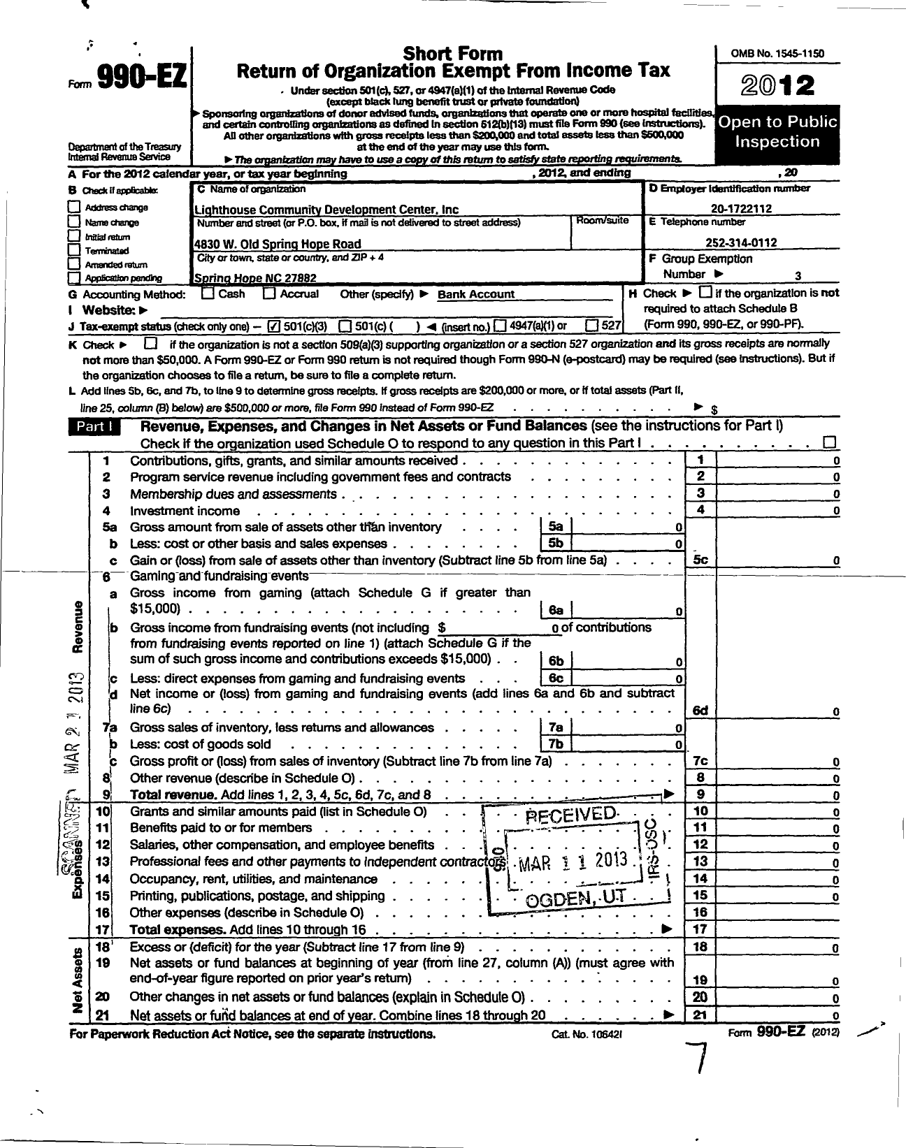 Image of first page of 2012 Form 990EZ for Light House Community Development Center