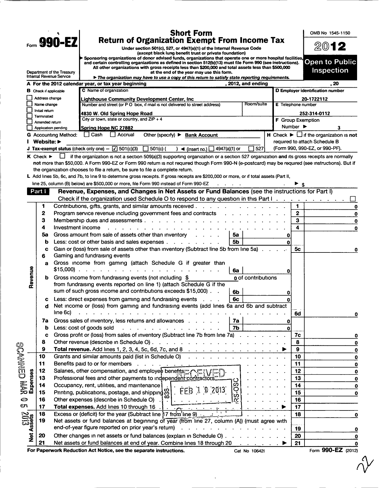 Image of first page of 2012 Form 990EZ for Light House Community Development Center