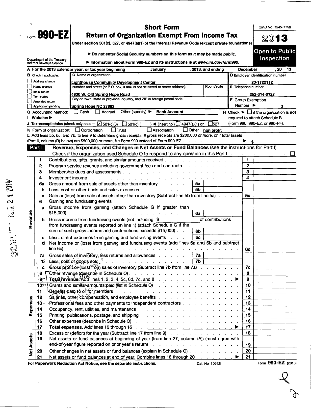 Image of first page of 2013 Form 990EZ for Light House Community Development Center