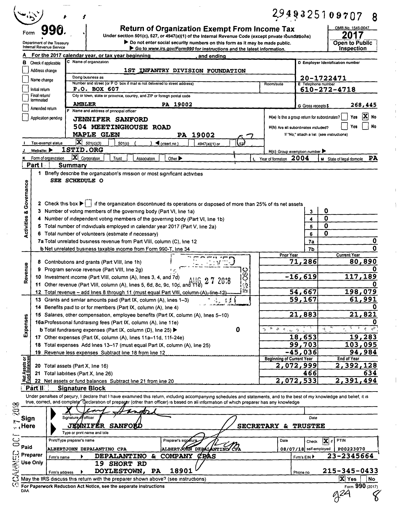 Image of first page of 2017 Form 990 for 1st Infantry Division Foundation