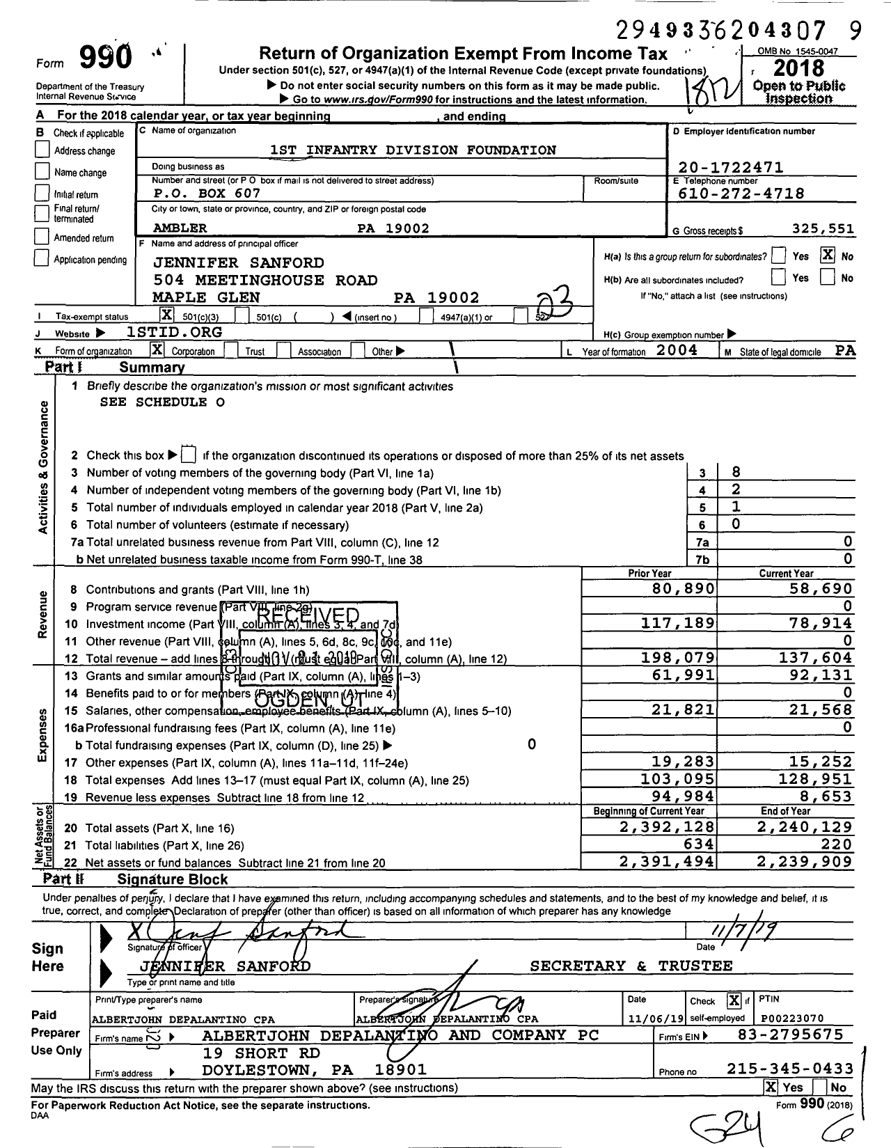 Image of first page of 2018 Form 990 for 1st Infantry Division Foundation