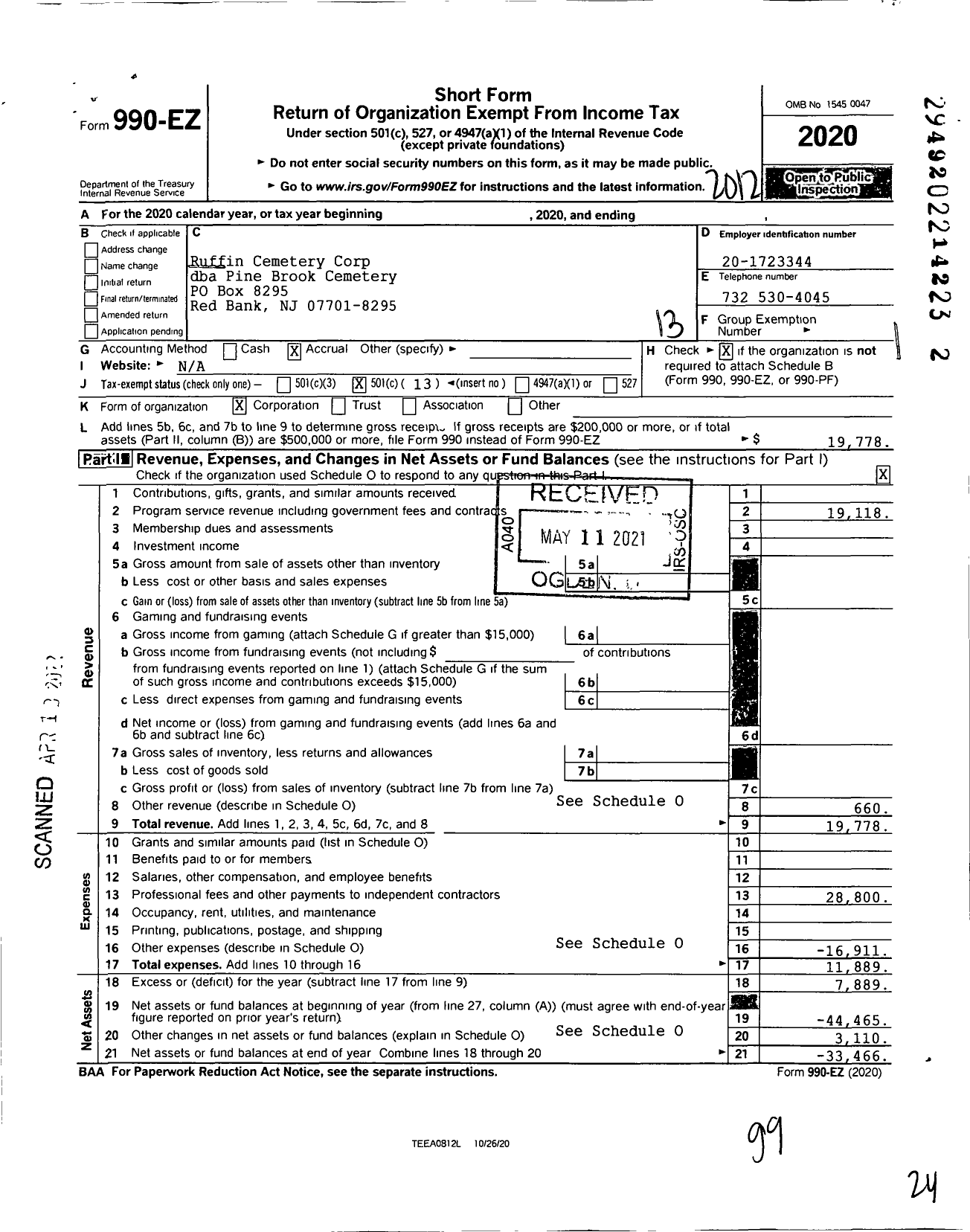 Image of first page of 2020 Form 990EO for Pine Brook Cemetery