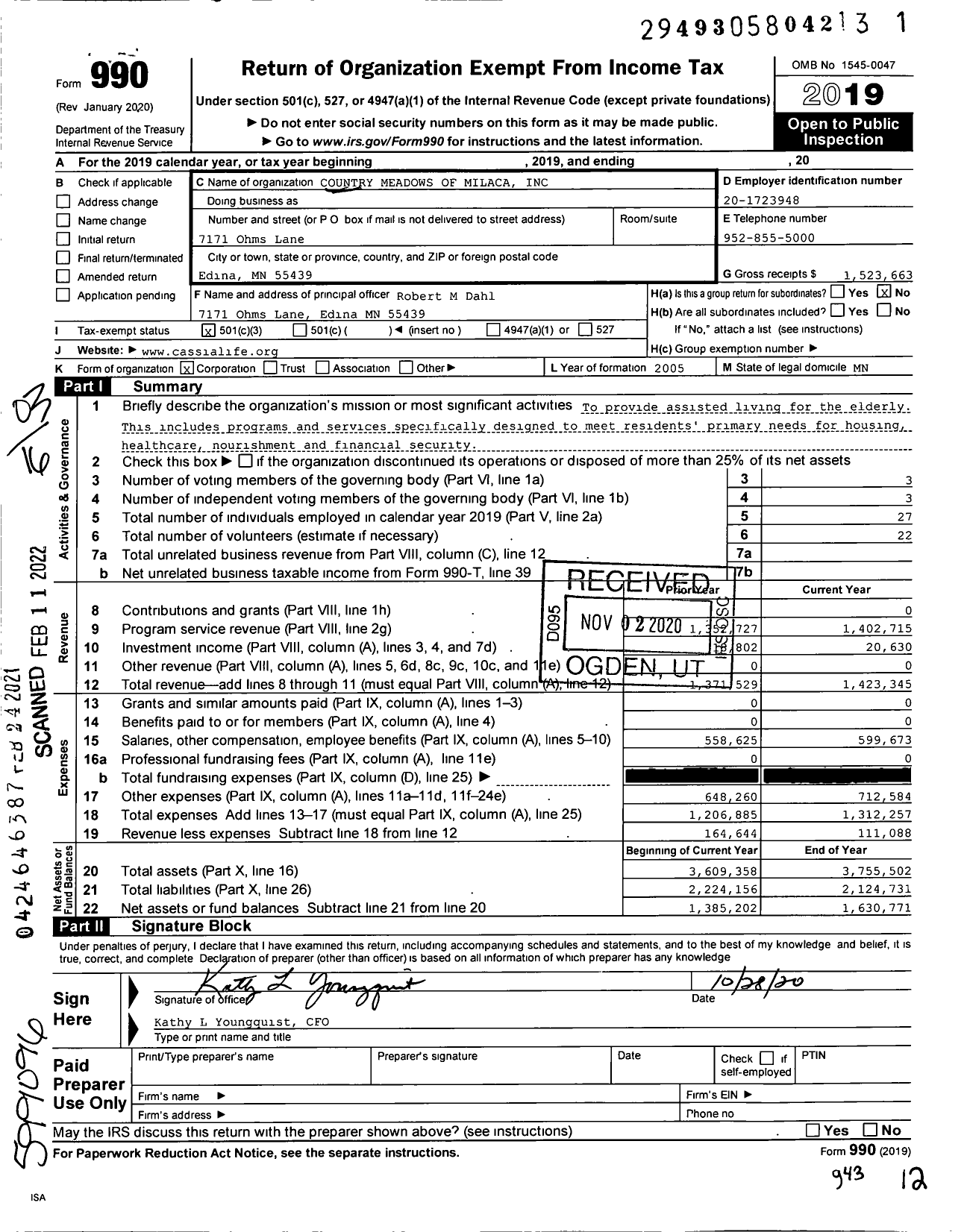 Image of first page of 2019 Form 990 for Country Meadows of Milaca