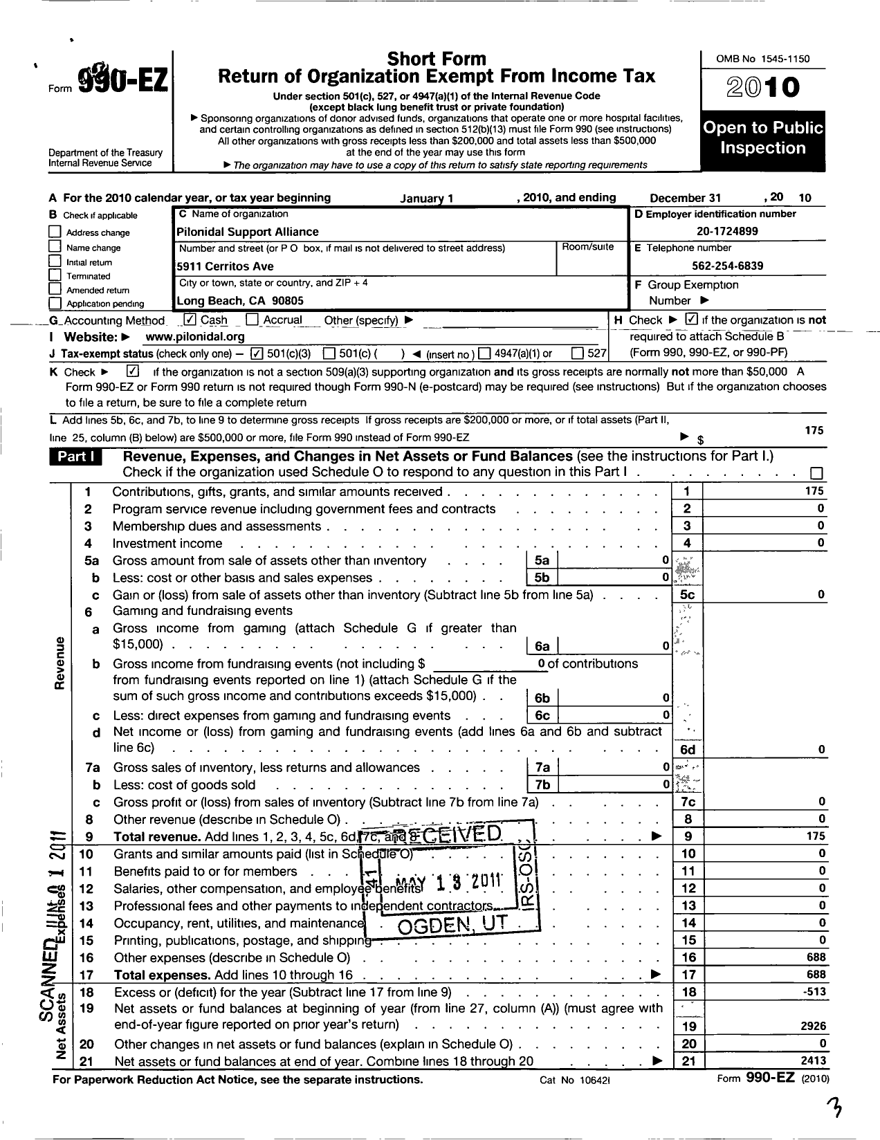 Image of first page of 2010 Form 990EZ for Pilonidal Support Alliance