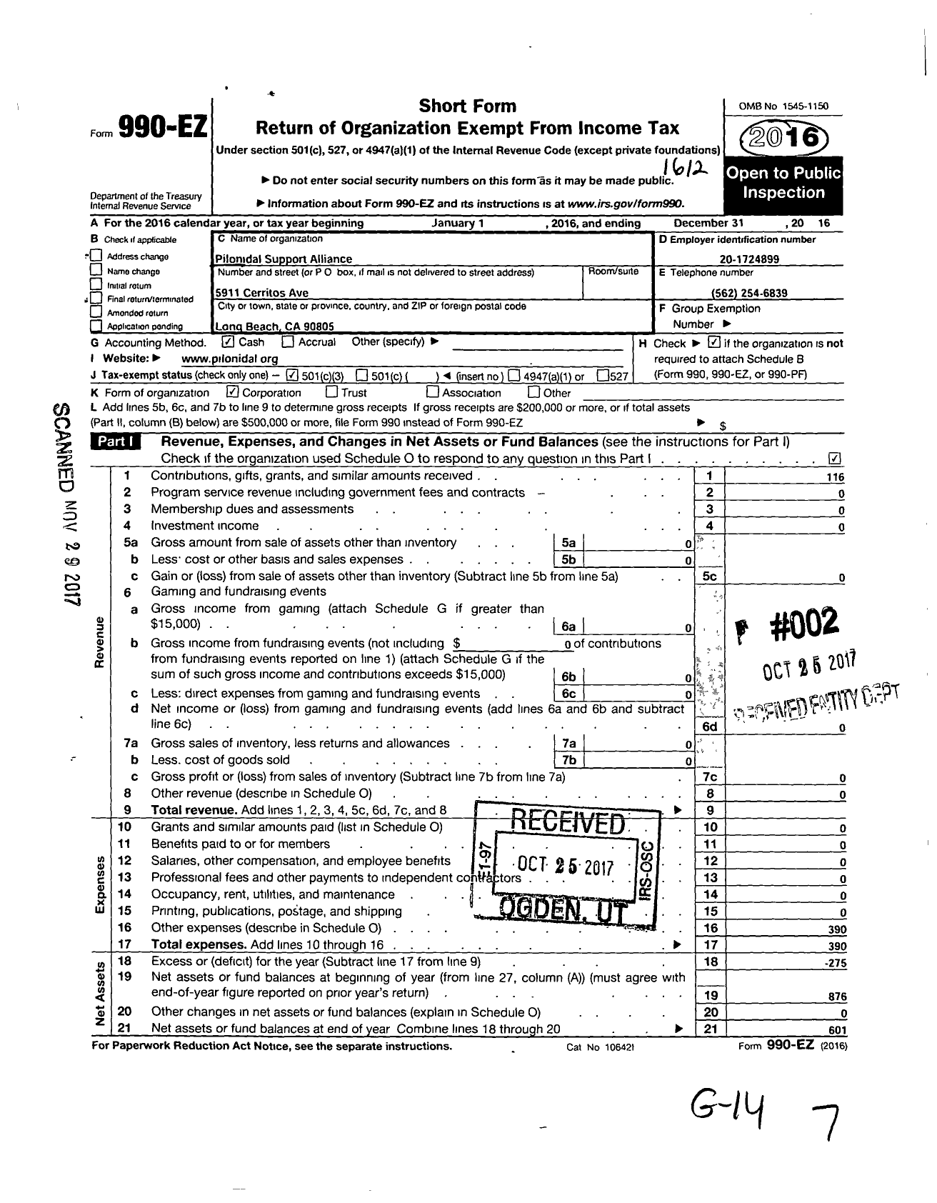 Image of first page of 2016 Form 990EZ for Pilonidal Support Alliance