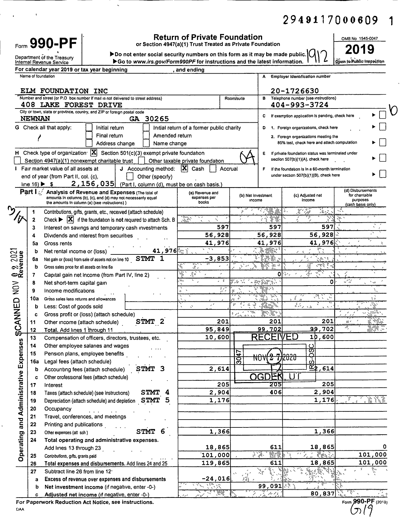 Image of first page of 2019 Form 990PF for Elm Foundation