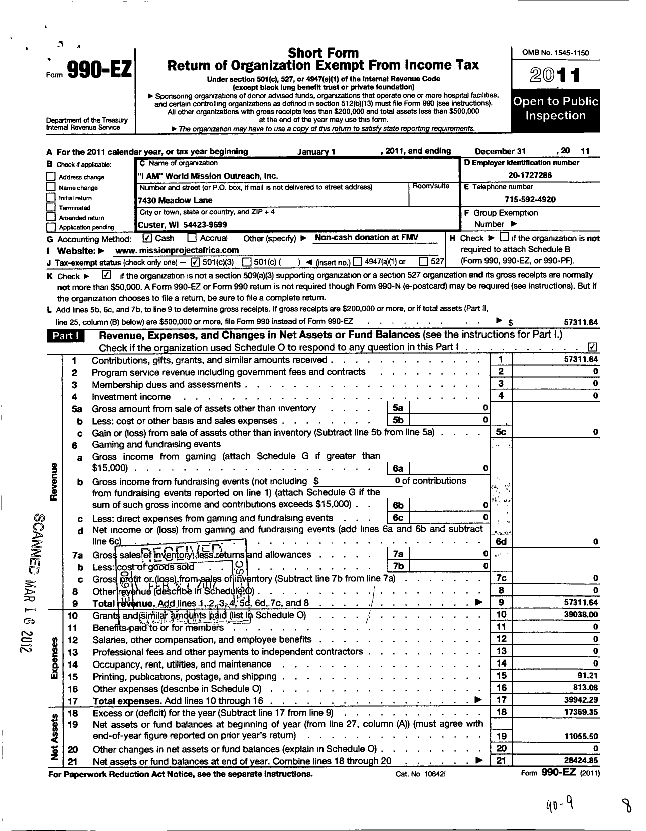Image of first page of 2011 Form 990EZ for I Am World Mission Outreach