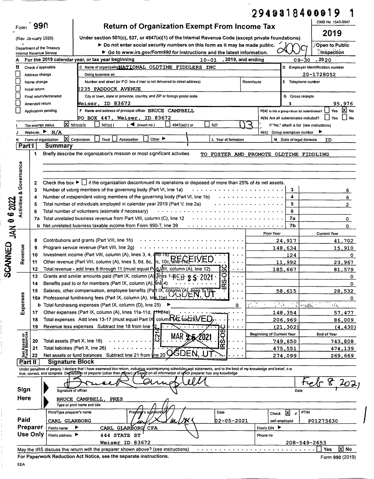 Image of first page of 2019 Form 990 for National Oldtime Fiddlers