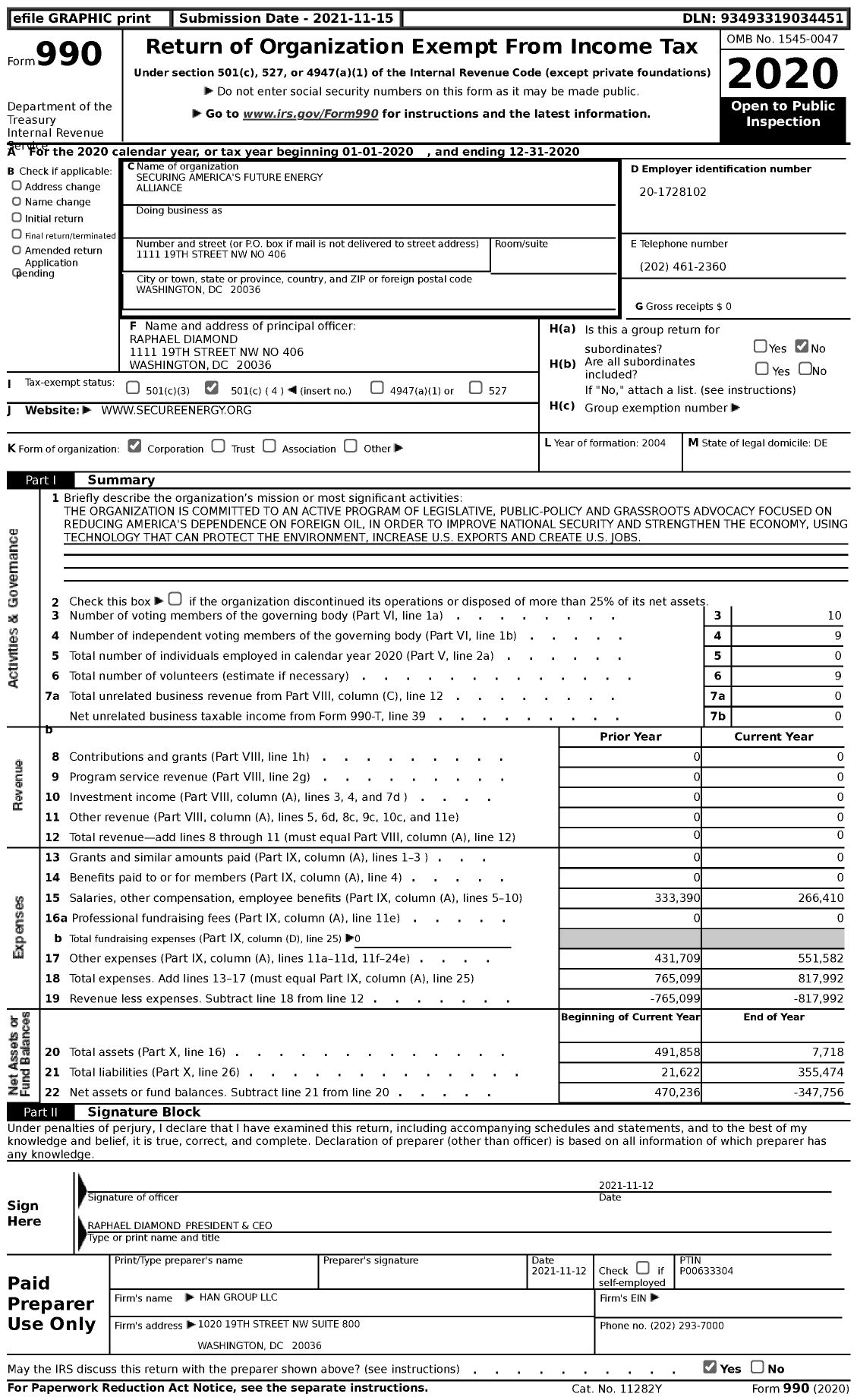 Image of first page of 2020 Form 990 for Securing Americas Future Energy (SAFE)