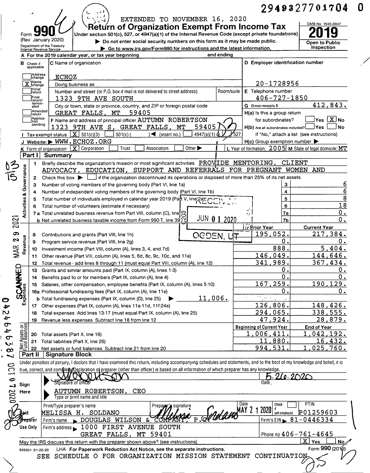 Image of first page of 2019 Form 990 for Echoz