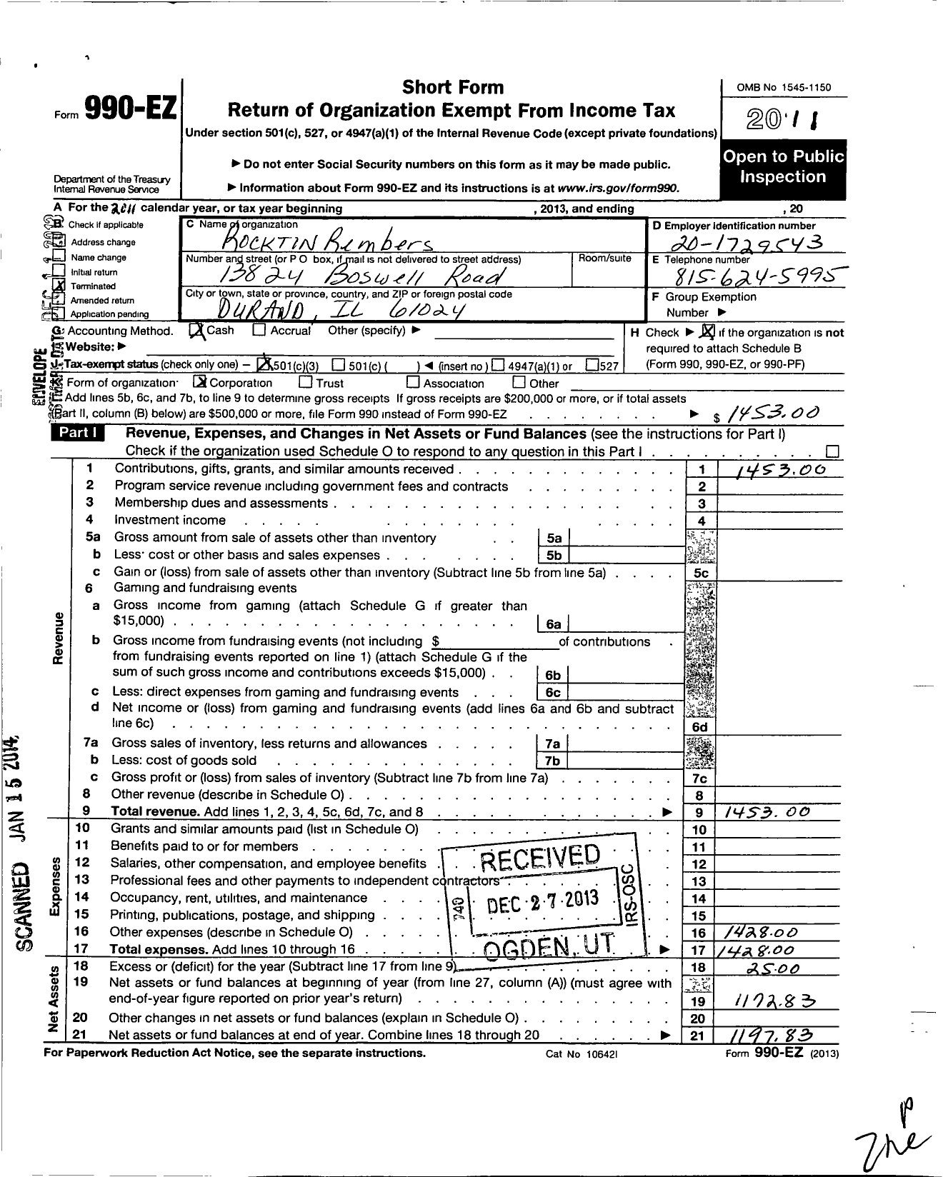 Image of first page of 2011 Form 990EZ for Rockton Remembers