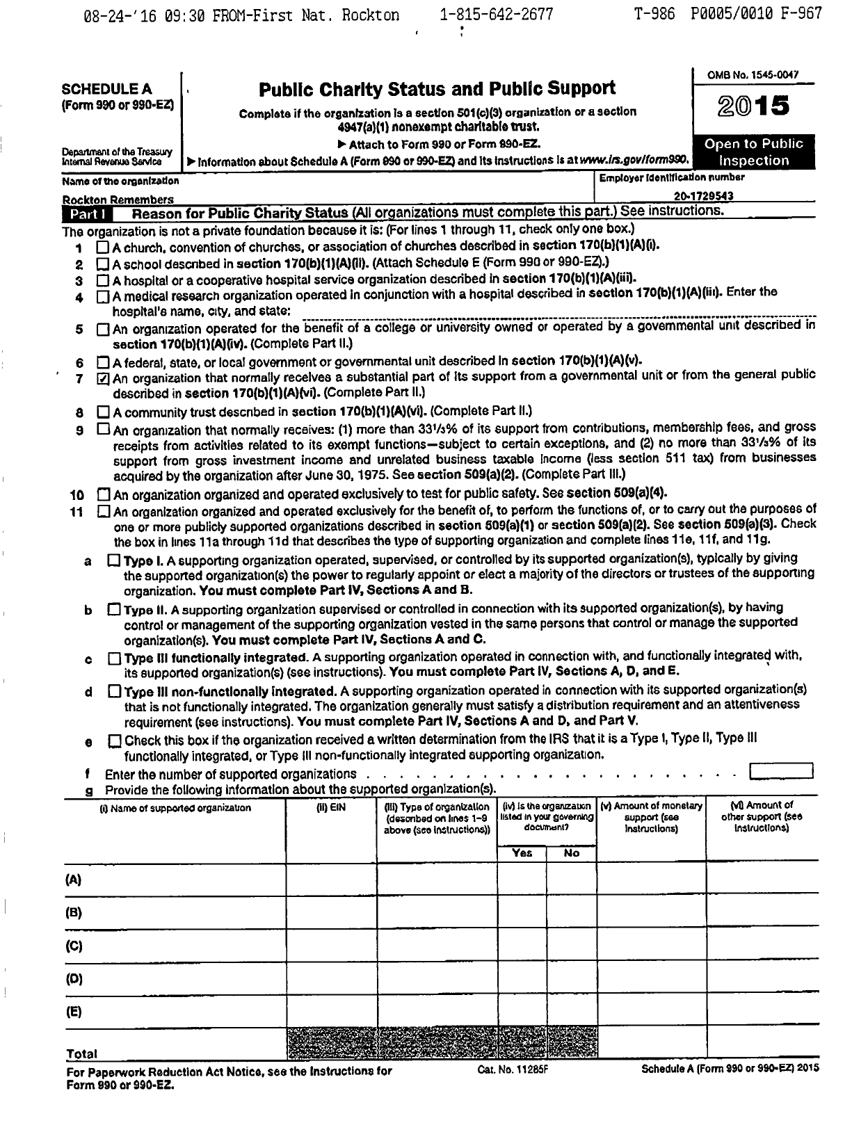 Image of first page of 2015 Form 990ER for Rockton Remembers