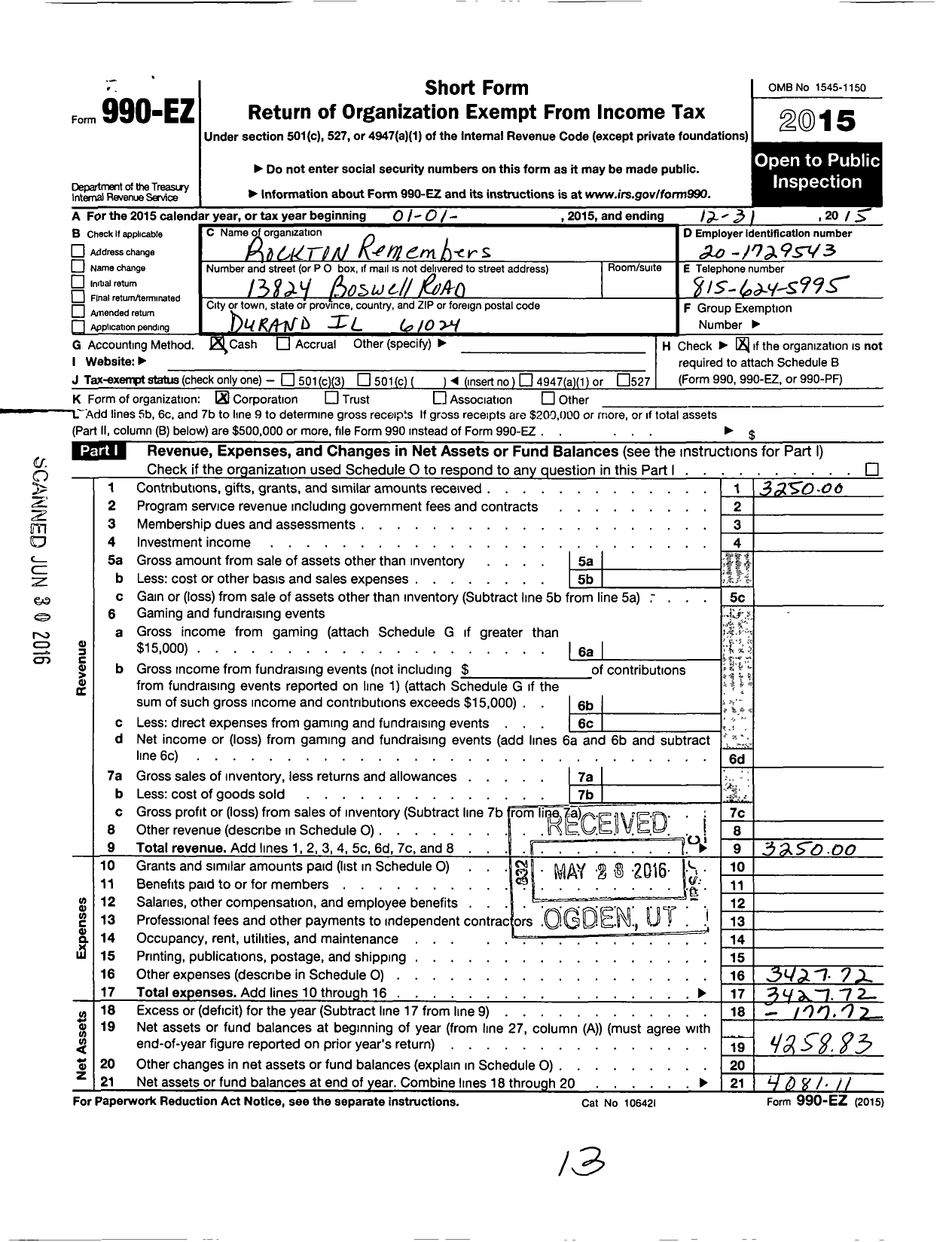 Image of first page of 2015 Form 990EO for Rockton Remembers