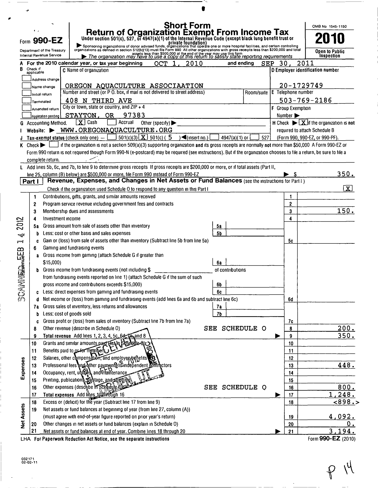 Image of first page of 2010 Form 990EO for Oregon Aquaculture Association