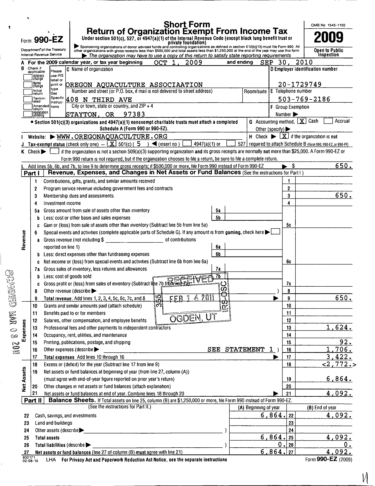 Image of first page of 2009 Form 990EO for Oregon Aquaculture Association