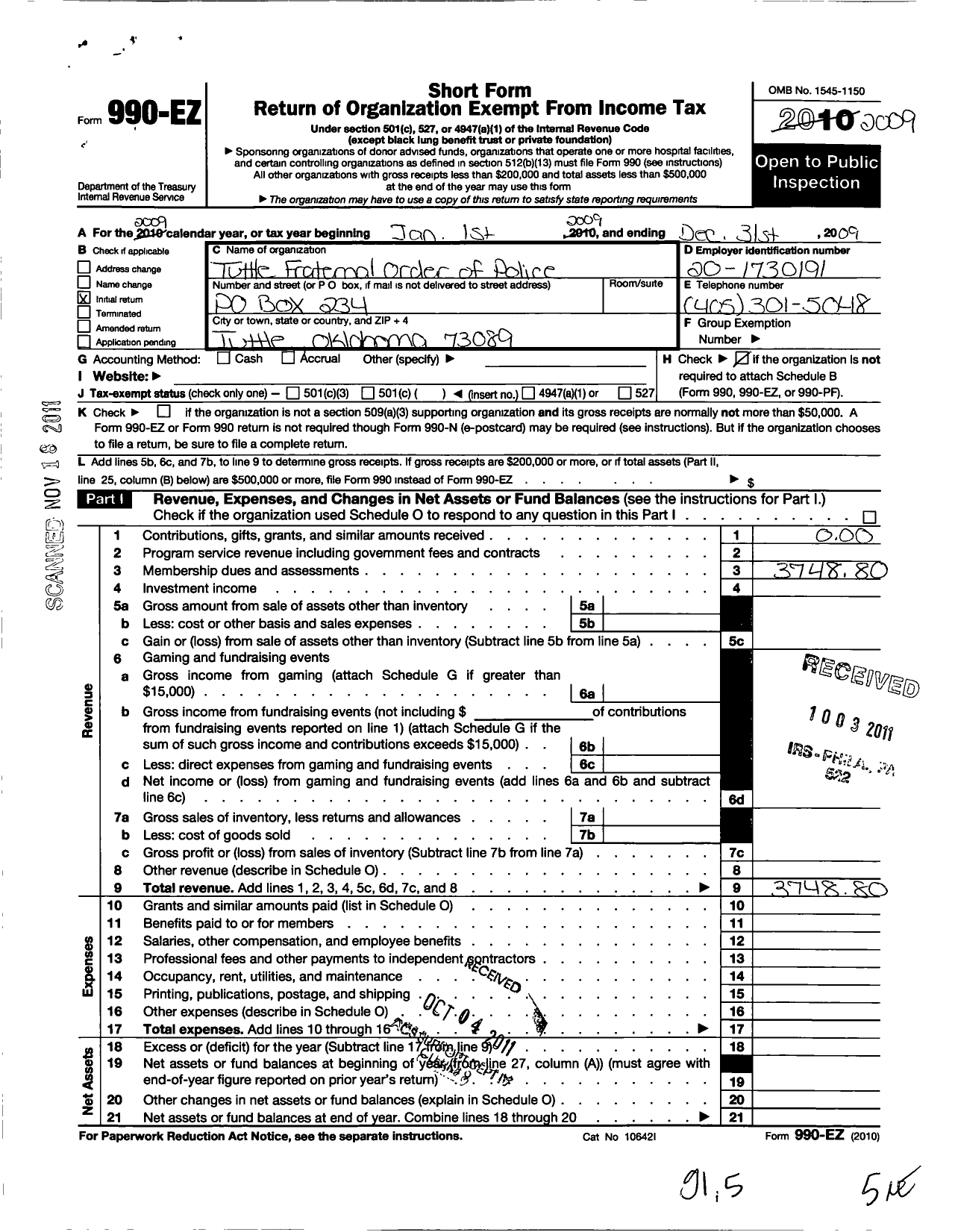 Image of first page of 2009 Form 990EO for Fraternal Order of Police / 197 Tuttle Fop