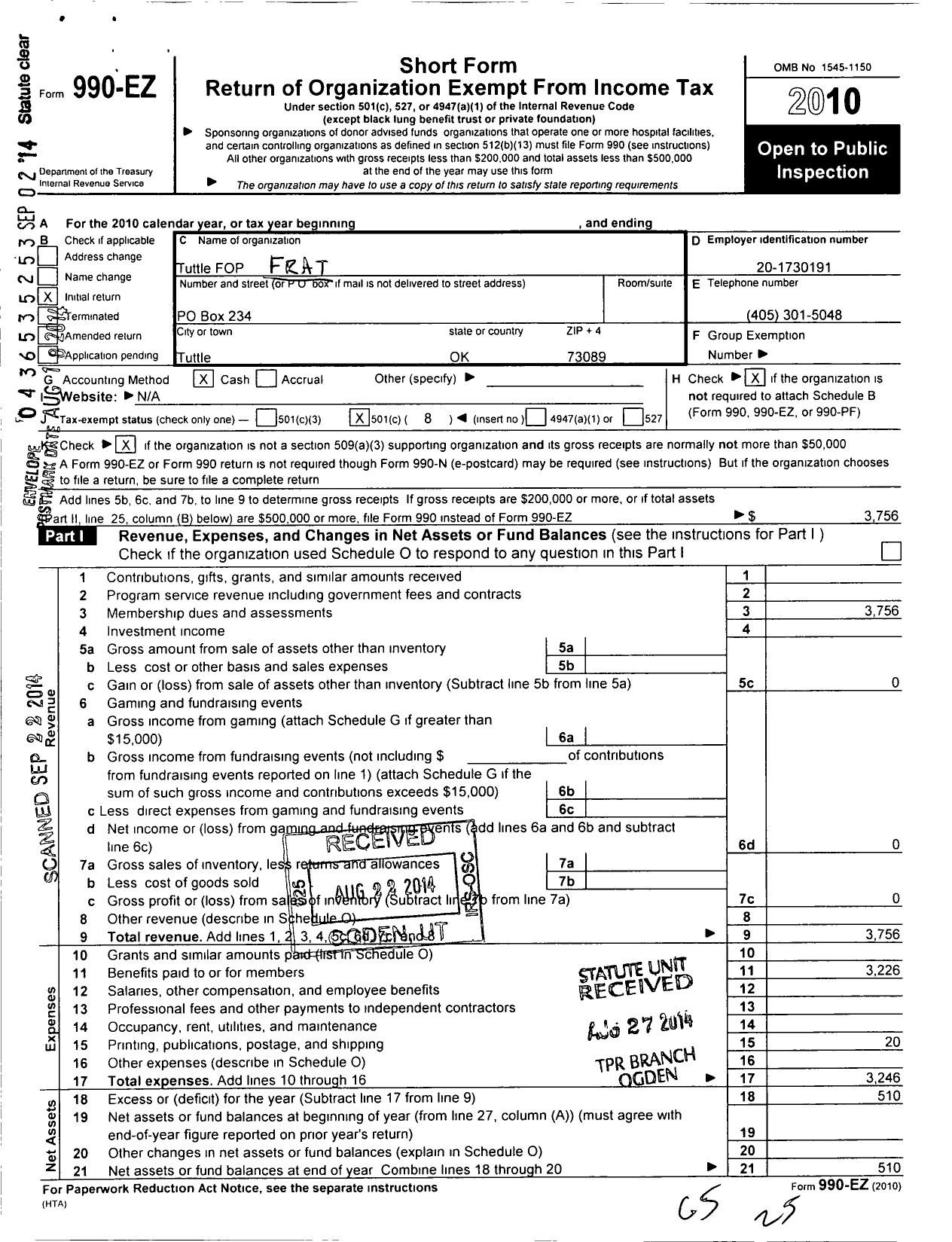 Image of first page of 2010 Form 990EO for Fraternal Order of Police / 197 Tuttle Fop