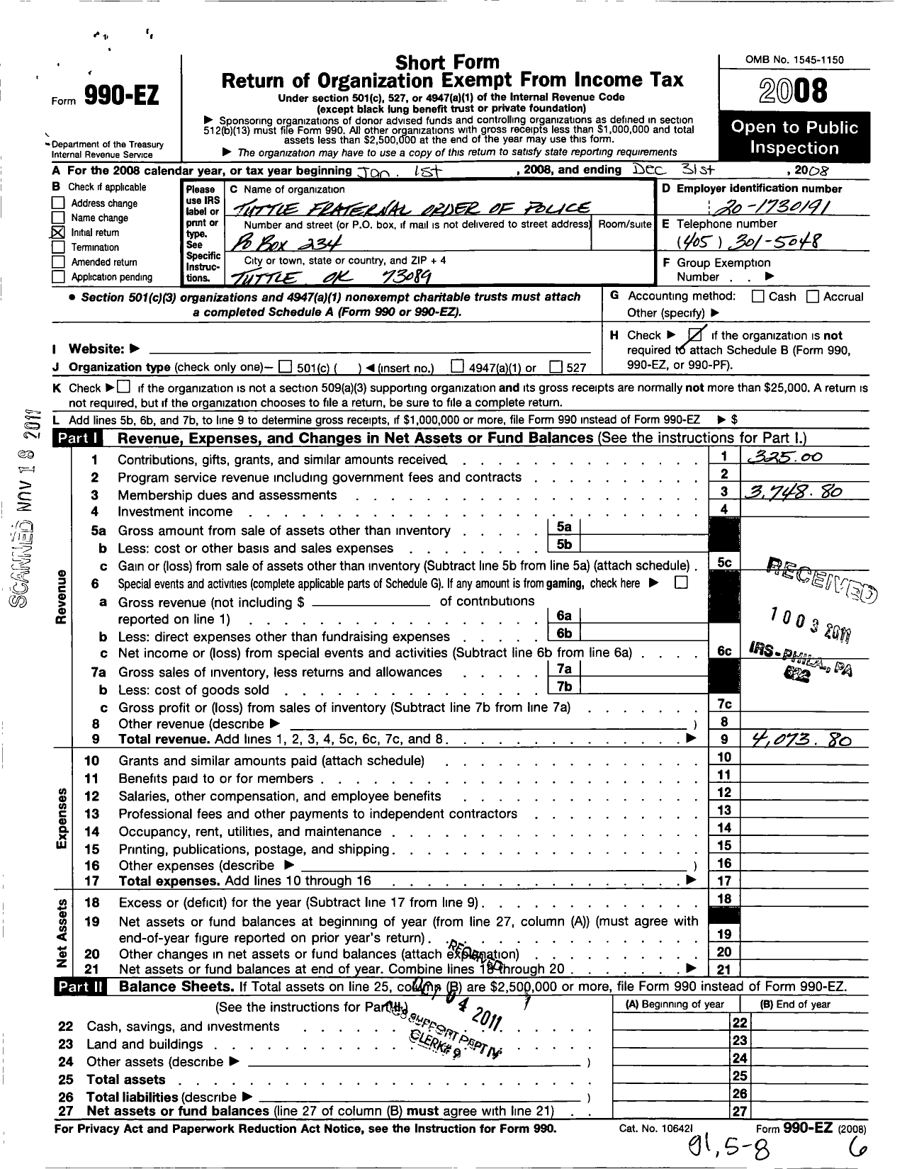 Image of first page of 2008 Form 990EO for Fraternal Order of Police / 197 Tuttle Fop