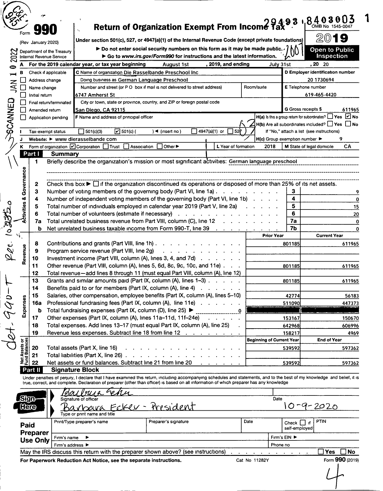 Image of first page of 2019 Form 990 for Die Rasselbande Preschool