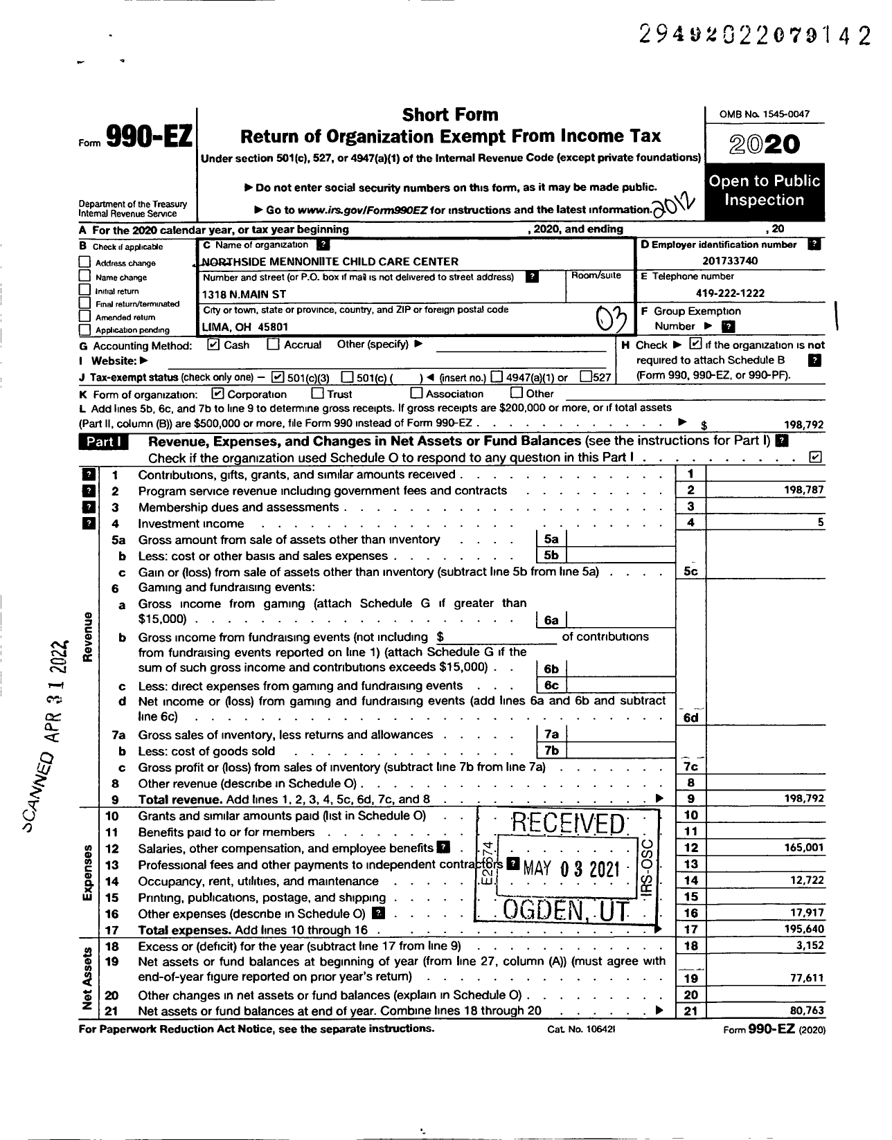 Image of first page of 2020 Form 990EZ for Northside Mennonite Child Care Center