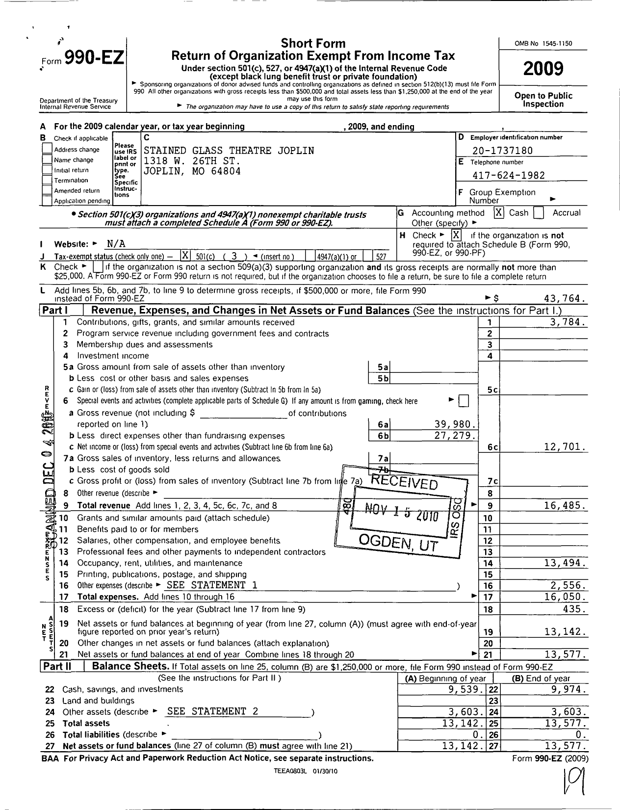 Image of first page of 2009 Form 990EZ for Stained Glass Theatre Joplin