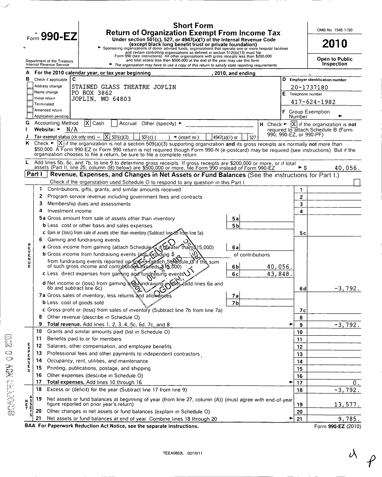 Image of first page of 2010 Form 990EZ for Stained Glass Theatre Joplin