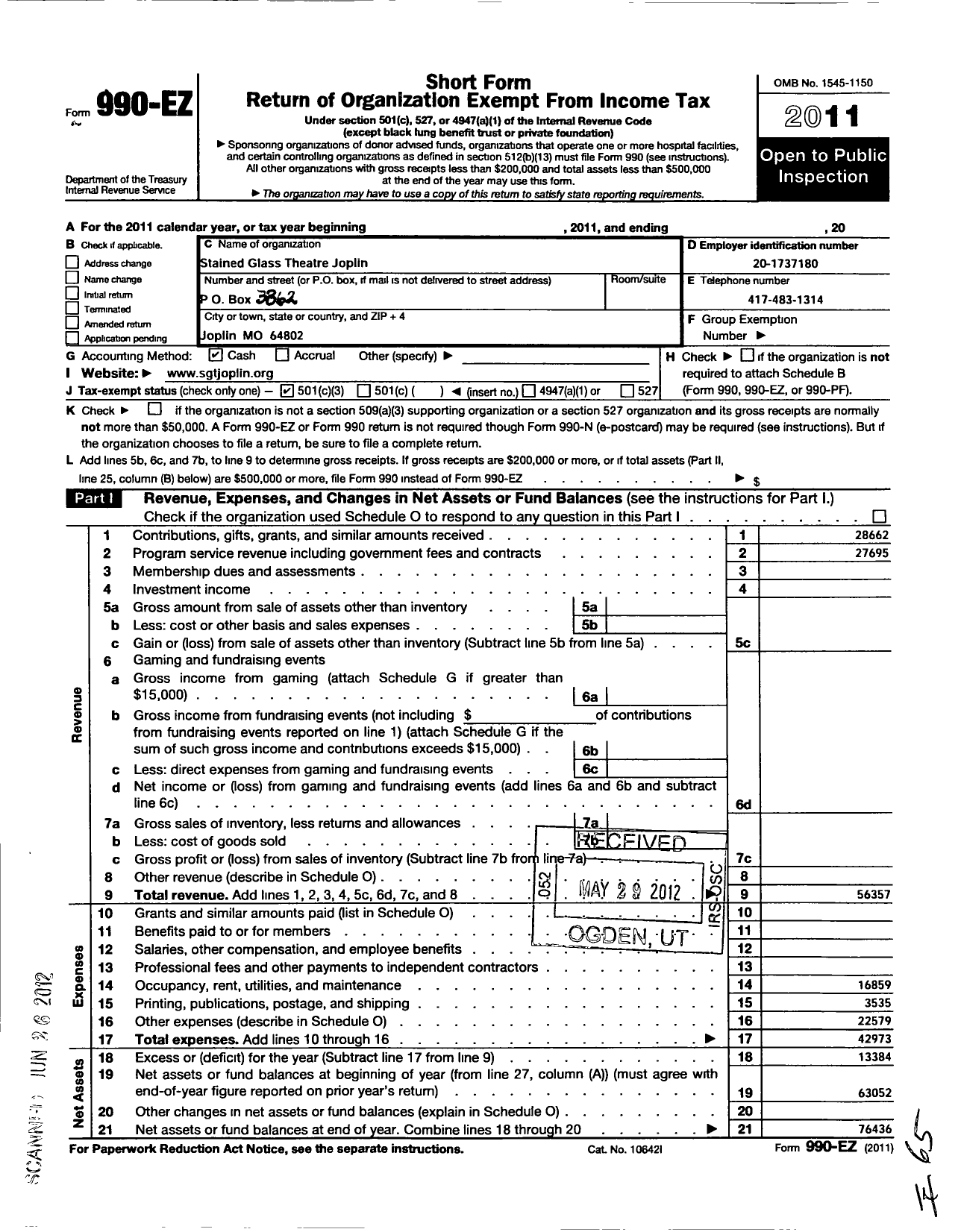 Image of first page of 2011 Form 990EZ for Stained Glass Theatre Joplin