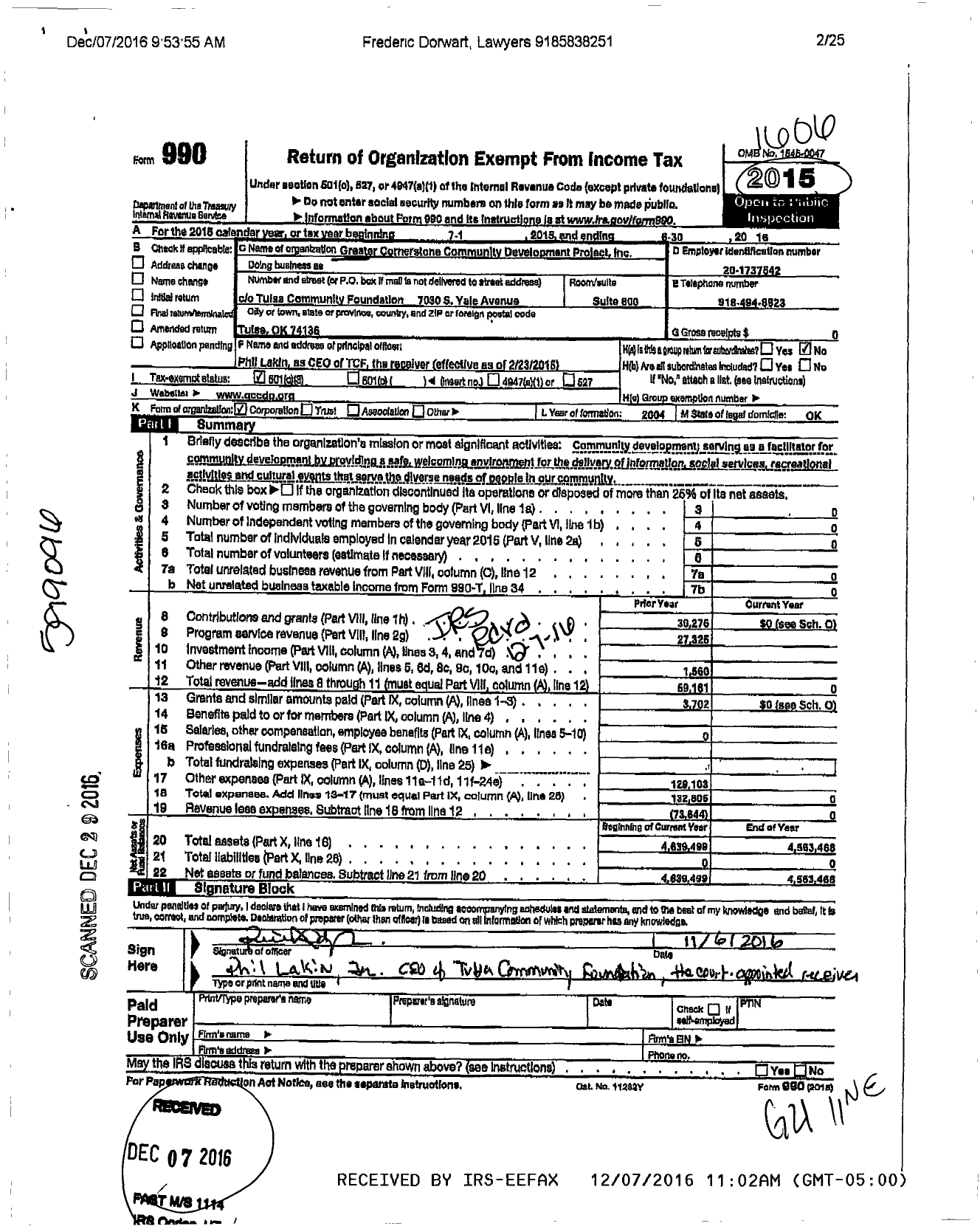 Image of first page of 2015 Form 990 for Greater Cornerstone Community Development Project